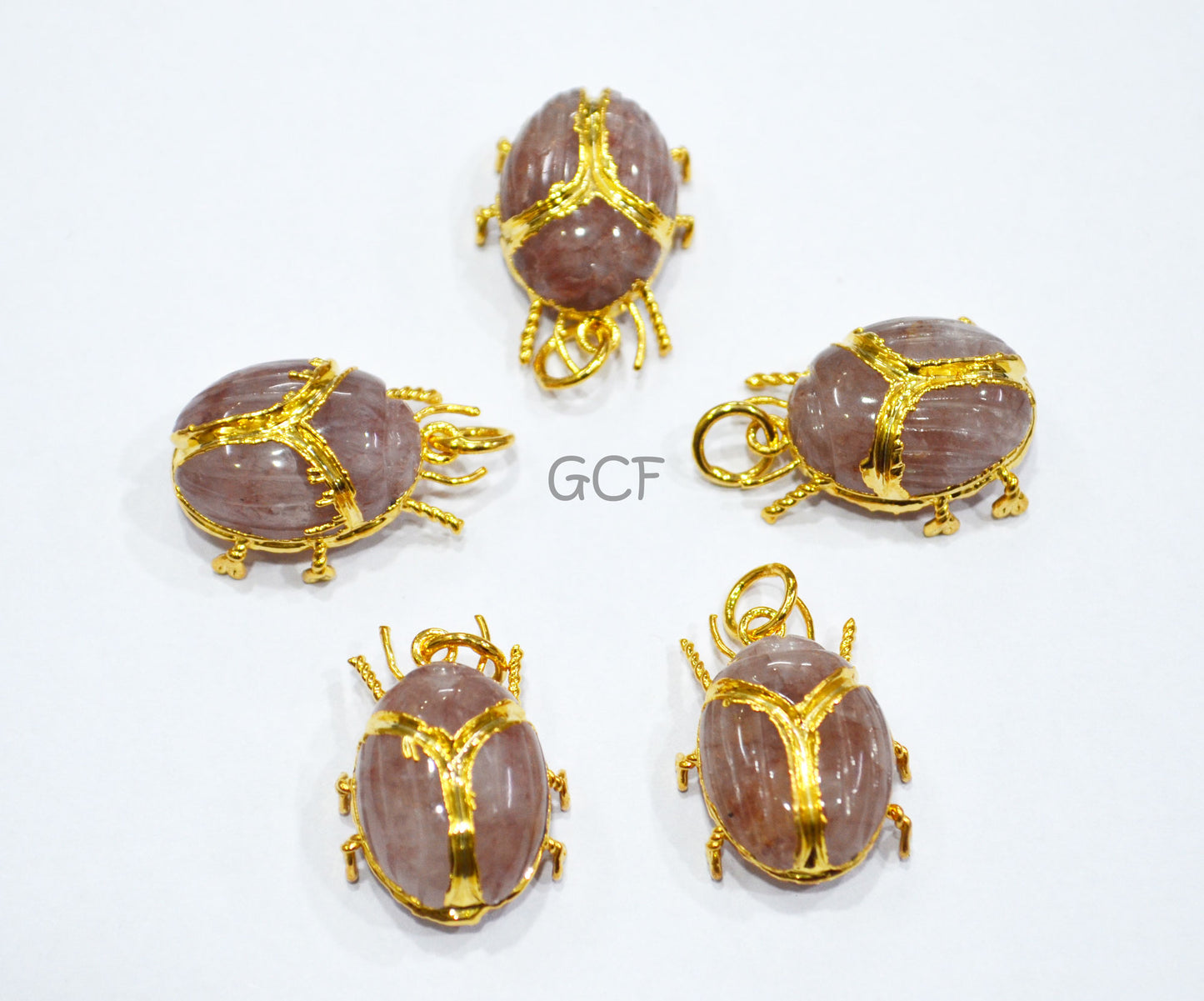 Strawberry Quartz Electroplated Beetle Pendant , Egyptian Scarab Strawberry Quartz Charm , Sold By Piece , 2.50 - 2.75 cm , 31344