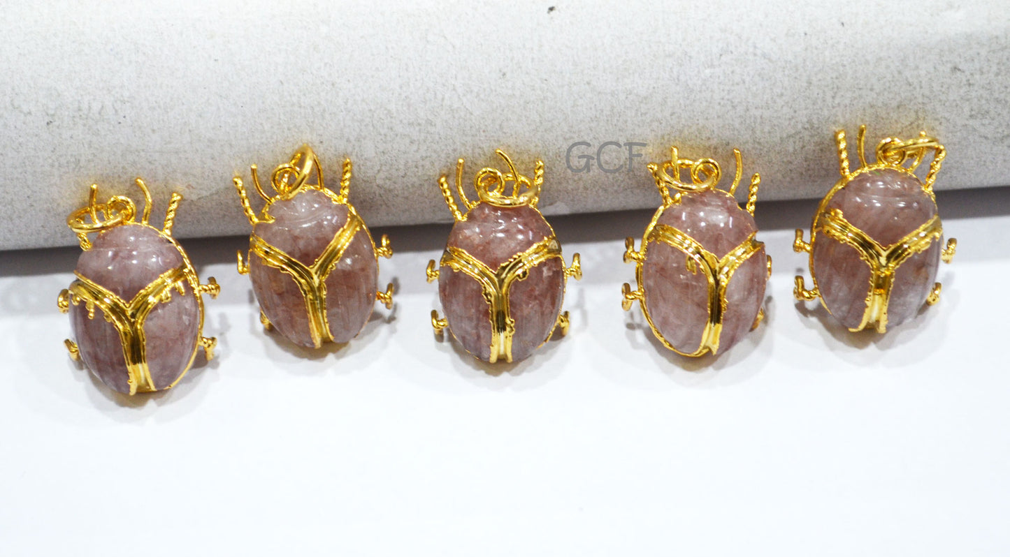 Strawberry Quartz Electroplated Beetle Pendant , Egyptian Scarab Strawberry Quartz Charm , Sold By Piece , 2.50 - 2.75 cm , 31344