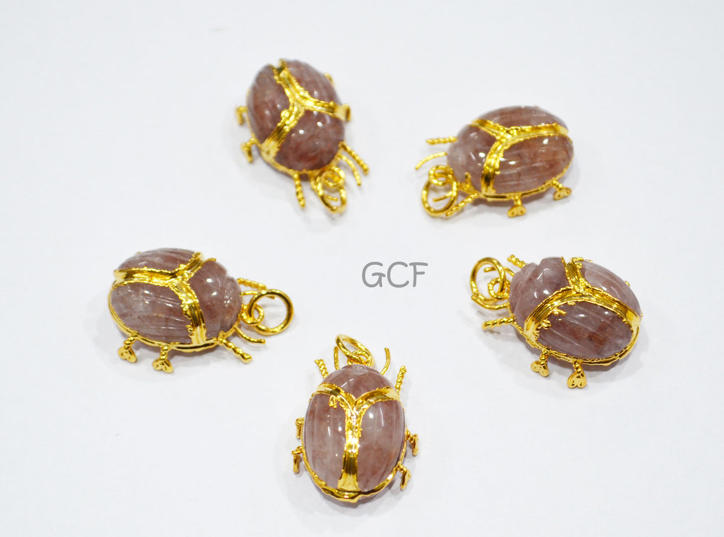 Strawberry Quartz Electroplated Beetle Pendant , Egyptian Scarab Strawberry Quartz Charm , Sold By Piece , 2.50 - 2.75 cm , 31344