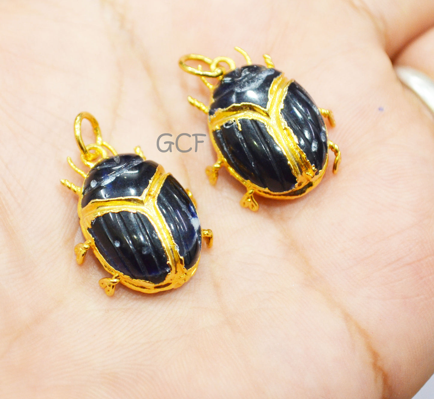 Sodalite Electroplated Beetle Pendant , Egyptian Scarab Sodalite Charm , Sold By Piece , Use To Make Jewelry , 2 - 2.50 cm , 31345