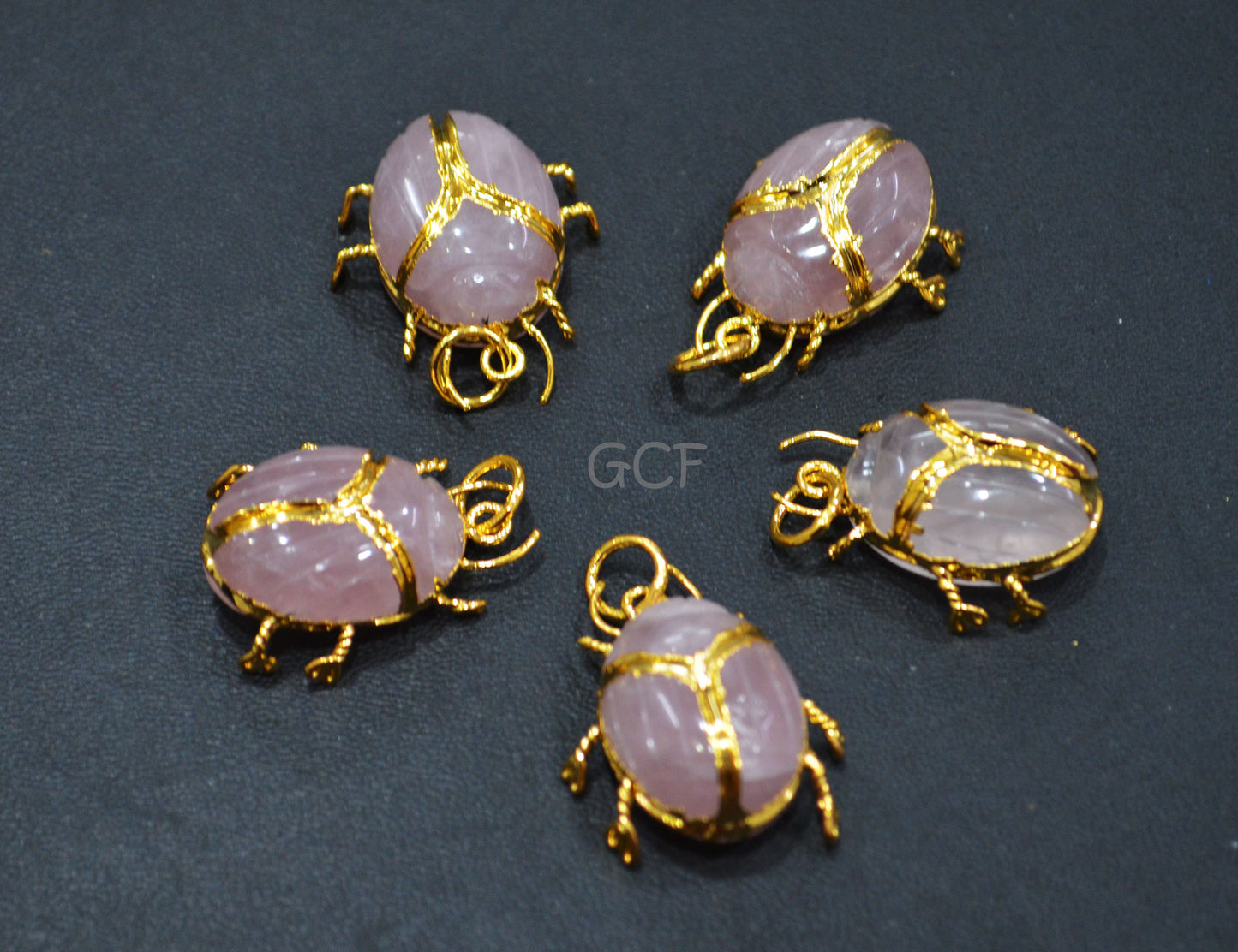 Rose Quartz Electroplated Beetle Pendant , Egyptian Scarab Rose Quartz Charm , Sold By Piece , Use To Make Jewelry , 2.50 - 2.75 cm , 31346