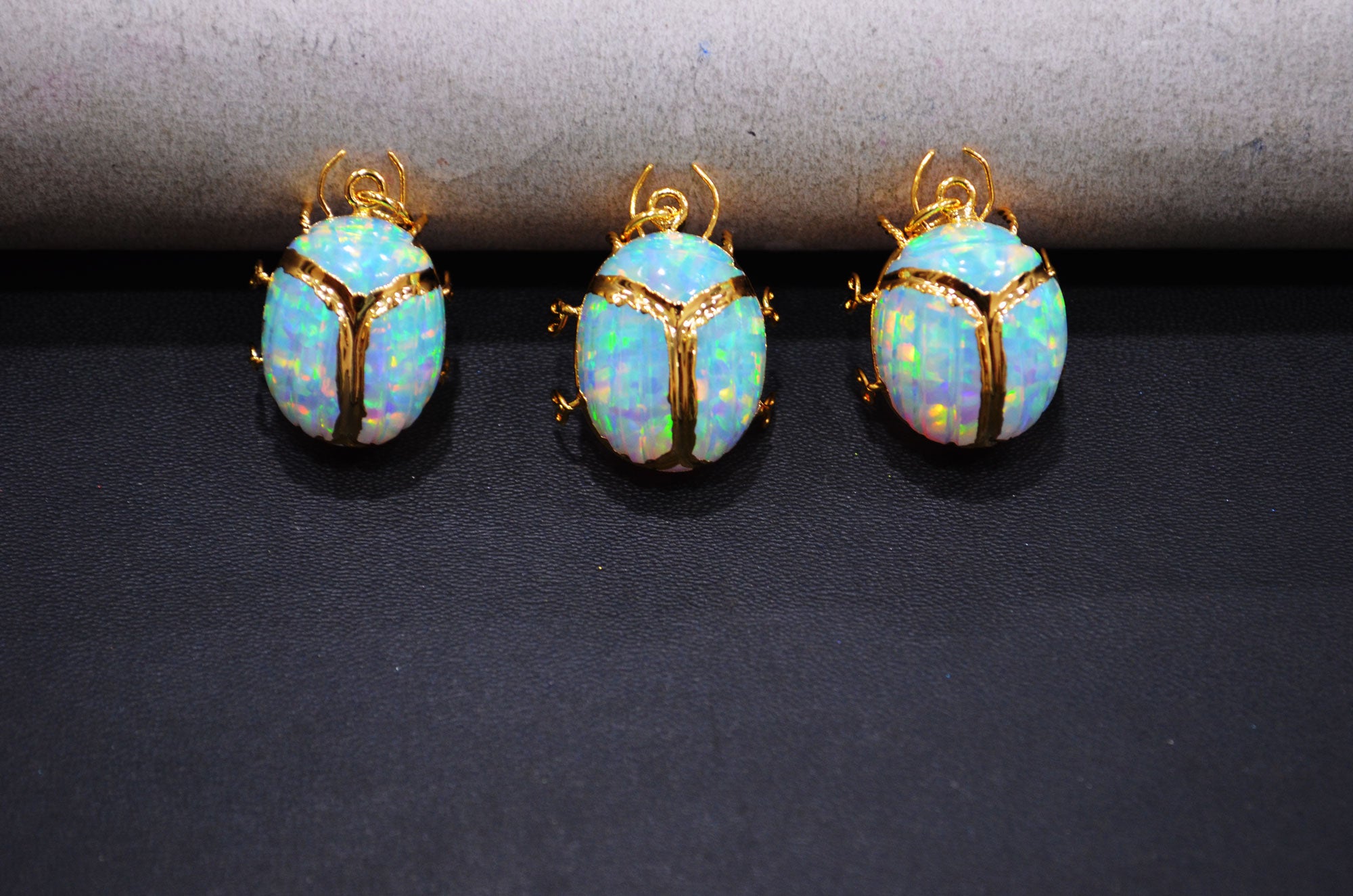 Ethiopian Opal Electroplated Beetle Pendant , Egyptian Scarab Opal Charm , Sold By Piece , Use To Make Jewelry , 2.25 - 2.50 cm , 31347A