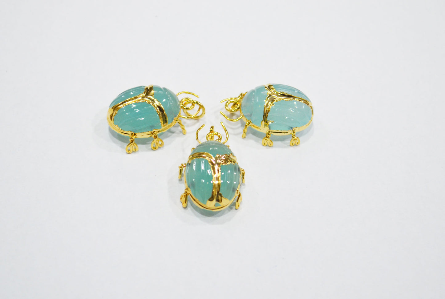Aqua Chalcedony Electroplated Beetle Pendant , Egyptian Scarab Aqua Chalcedony Charm , Sold By Piece , Use To Make Jewelry , 2 - 2.25 cm , 31347C
