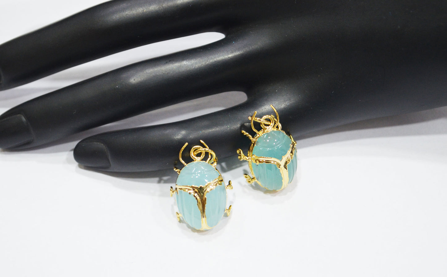 Aqua Chalcedony Electroplated Beetle Pendant , Egyptian Scarab Aqua Chalcedony Charm , Sold By Piece , Use To Make Jewelry , 2 - 2.25 cm , 31347C