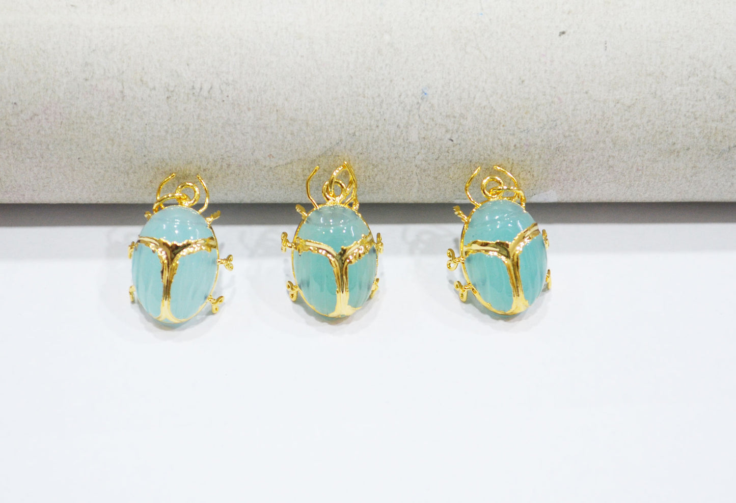 Aqua Chalcedony Electroplated Beetle Pendant , Egyptian Scarab Aqua Chalcedony Charm , Sold By Piece , Use To Make Jewelry , 2 - 2.25 cm , 31347C