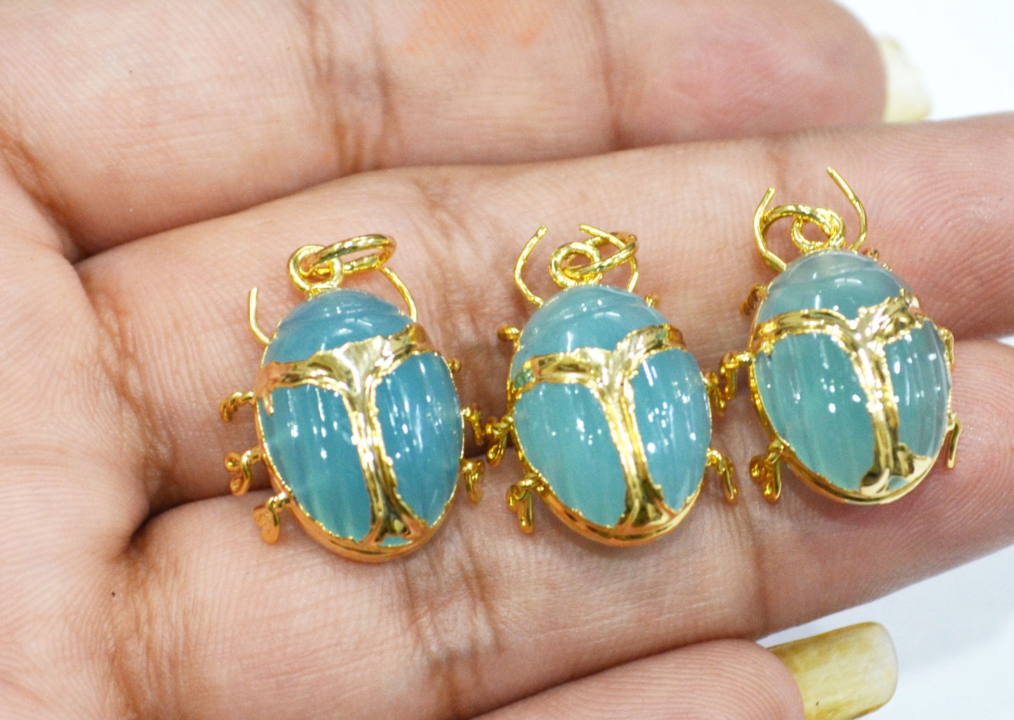 Aqua Chalcedony Electroplated Beetle Pendant , Egyptian Scarab Aqua Chalcedony Charm , Sold By Piece , Use To Make Jewelry , 2 - 2.25 cm , 31347C