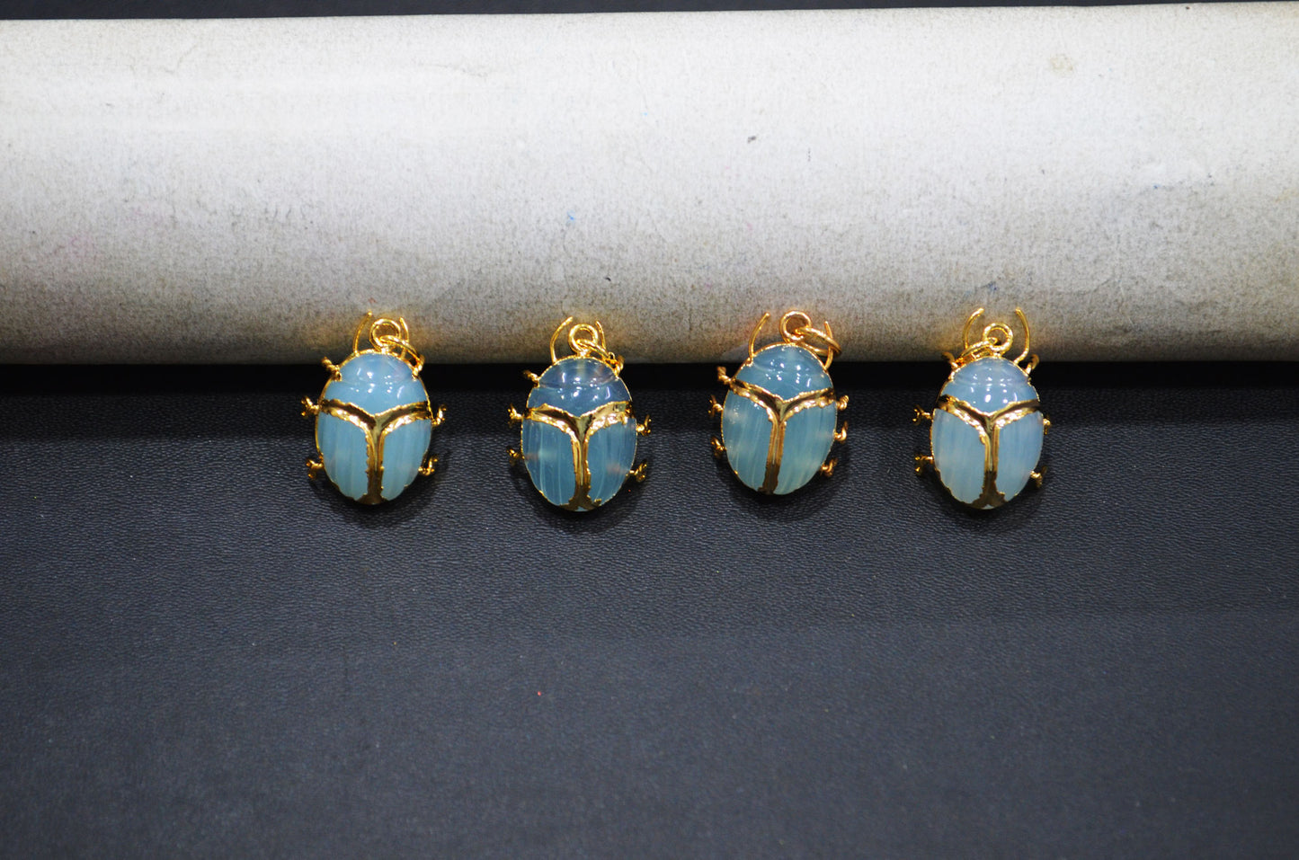 Light Color Aqua Chalcedony Electroplated Beetle Pendant , Egyptian Scarab Aqua Charm , Sold By Piece , Use To Make Jewelry , 2 - 2.25 cm , 31347D