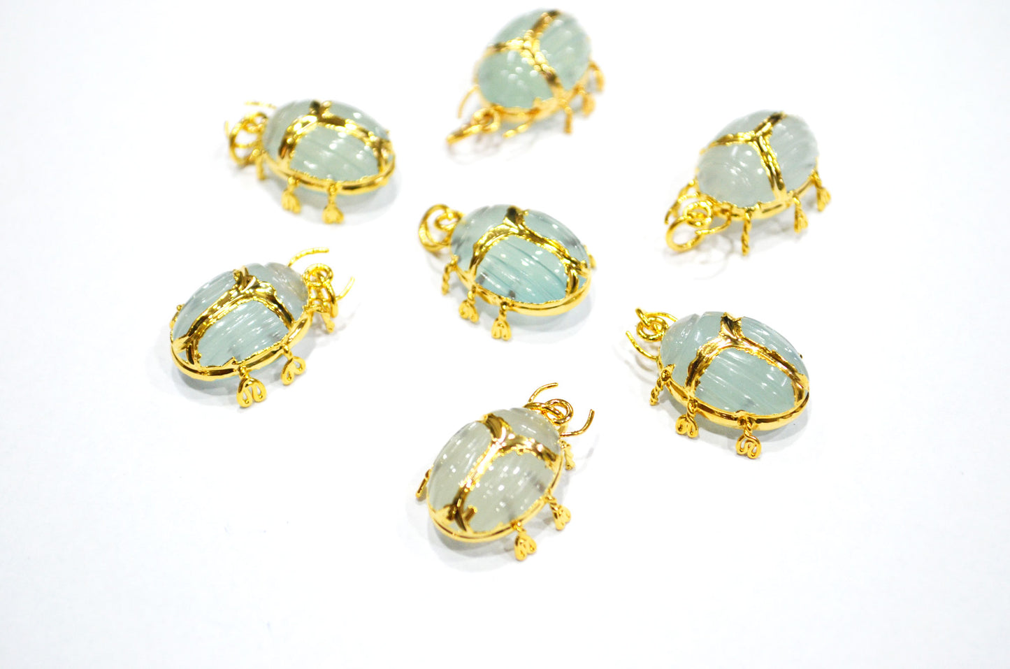 Light Color Aqua Chalcedony Electroplated Beetle Pendant , Egyptian Scarab Aqua Charm , Sold By Piece , Use To Make Jewelry , 2 - 2.25 cm , 31347D