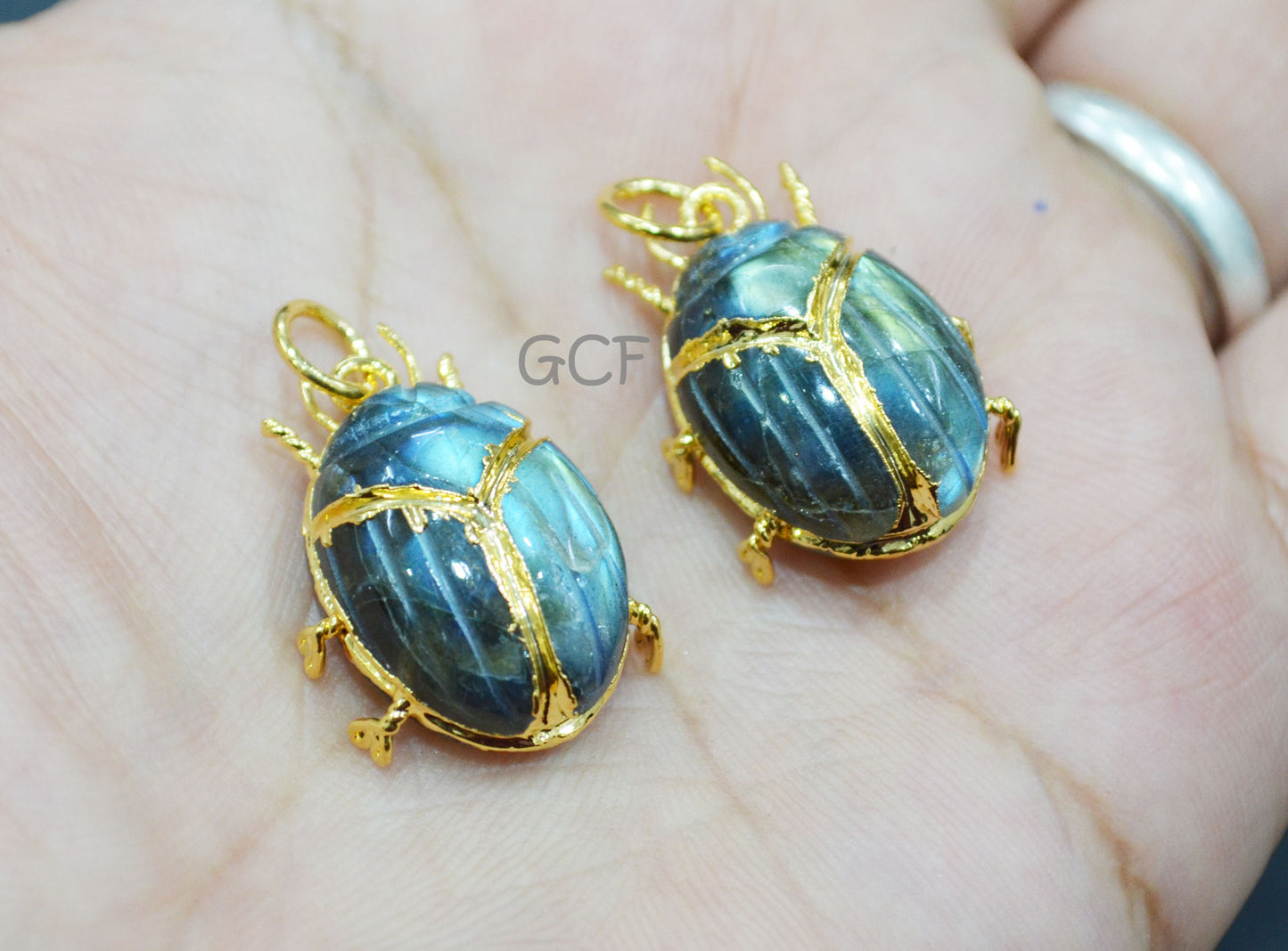 Labradorite Electroplated Beetle Pendant , Egyptian Scarab Labradorite Charm , Sold By Piece , Use To Make Jewelry , 2.25 - 2.50 cm , 31347