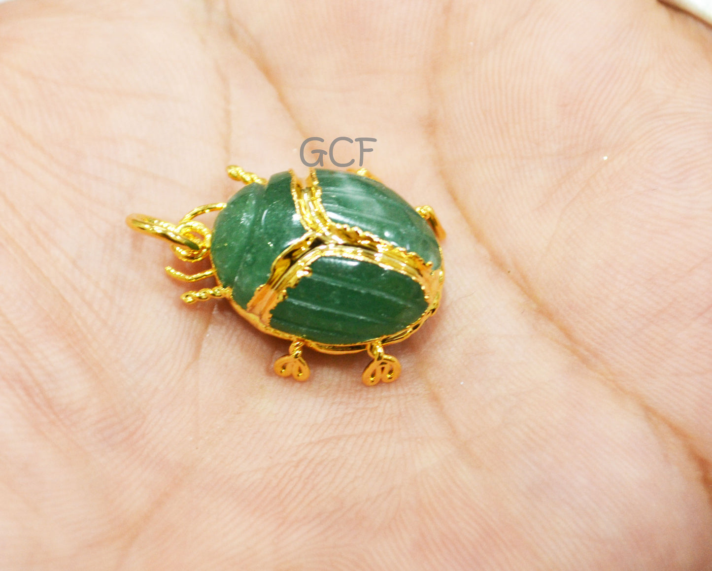 Green Onyx Electroplated Beetle Pendant , Egyptian Scarab Green Onyx Charm , Sold By Piece , Use To Make Jewelry , 2.25 - 2.50 cm , 31352