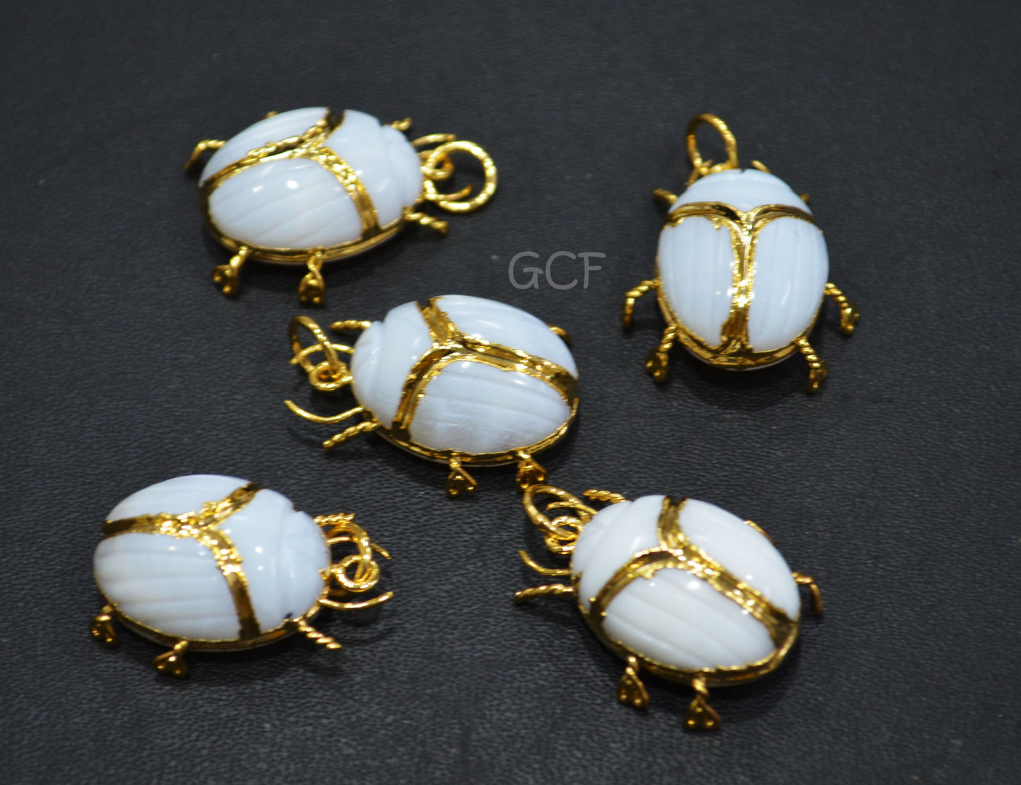 White Agate Electroplated Beetle Pendant , Egyptian Scarab White Agate Charm , Sold By Piece , Use To Make Jewelry , 2.25 - 2.50 cm , 31353