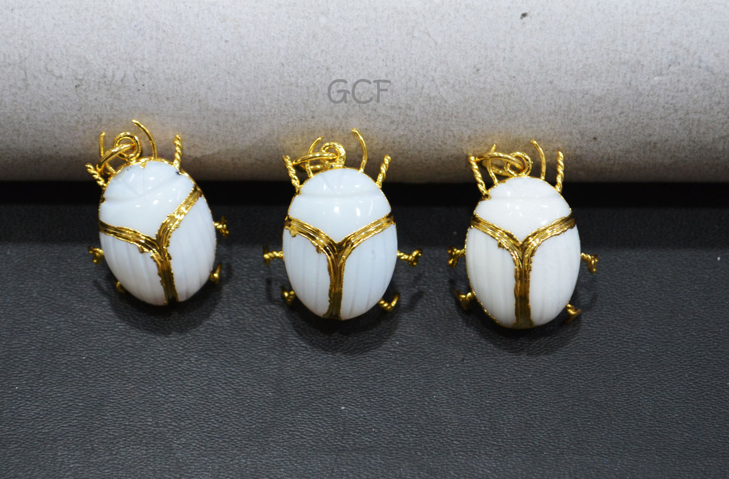 White Agate Electroplated Beetle Pendant , Egyptian Scarab White Agate Charm , Sold By Piece , Use To Make Jewelry , 2.25 - 2.50 cm , 31353