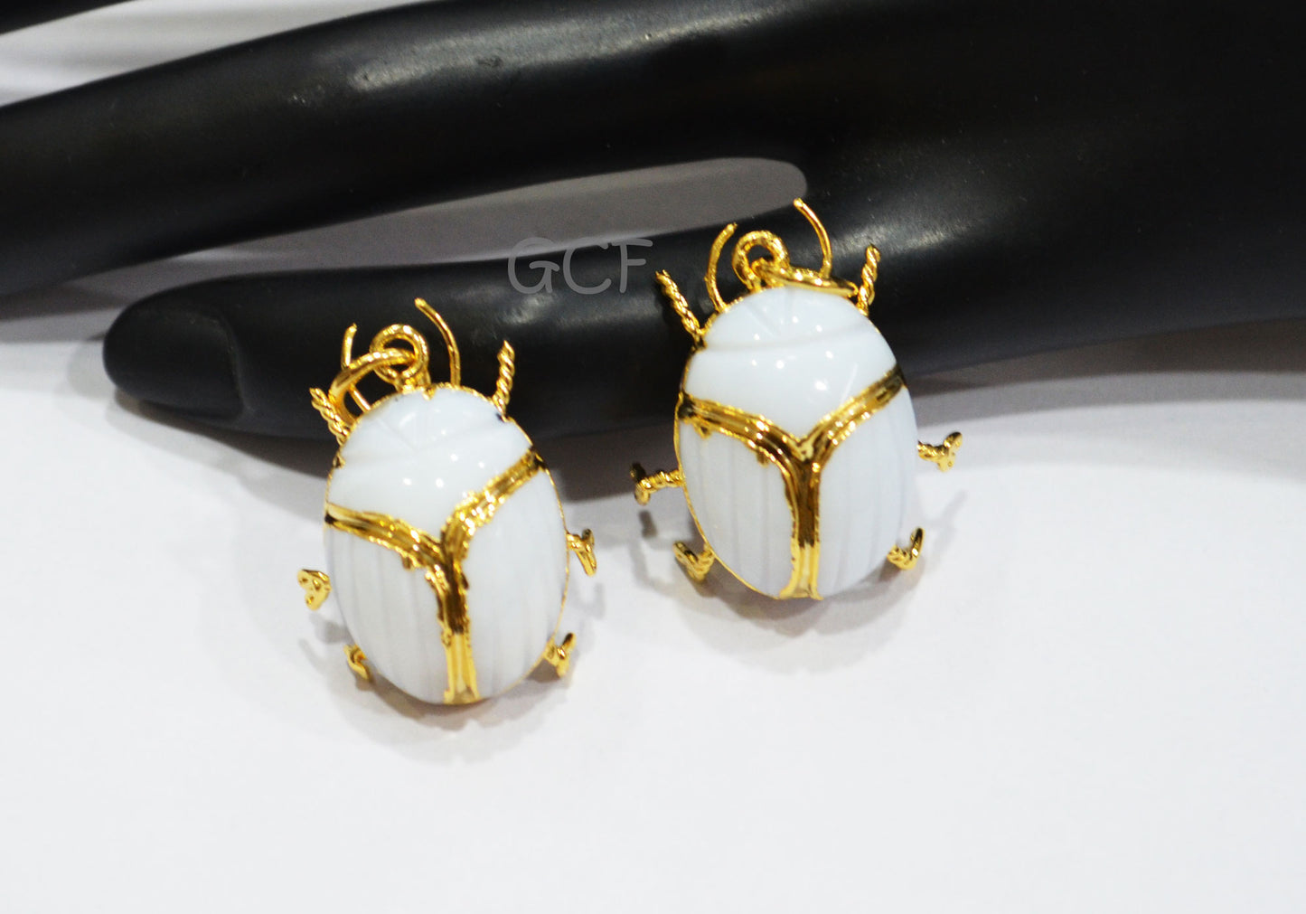 White Agate Electroplated Beetle Pendant , Egyptian Scarab White Agate Charm , Sold By Piece , Use To Make Jewelry , 2.25 - 2.50 cm , 31353