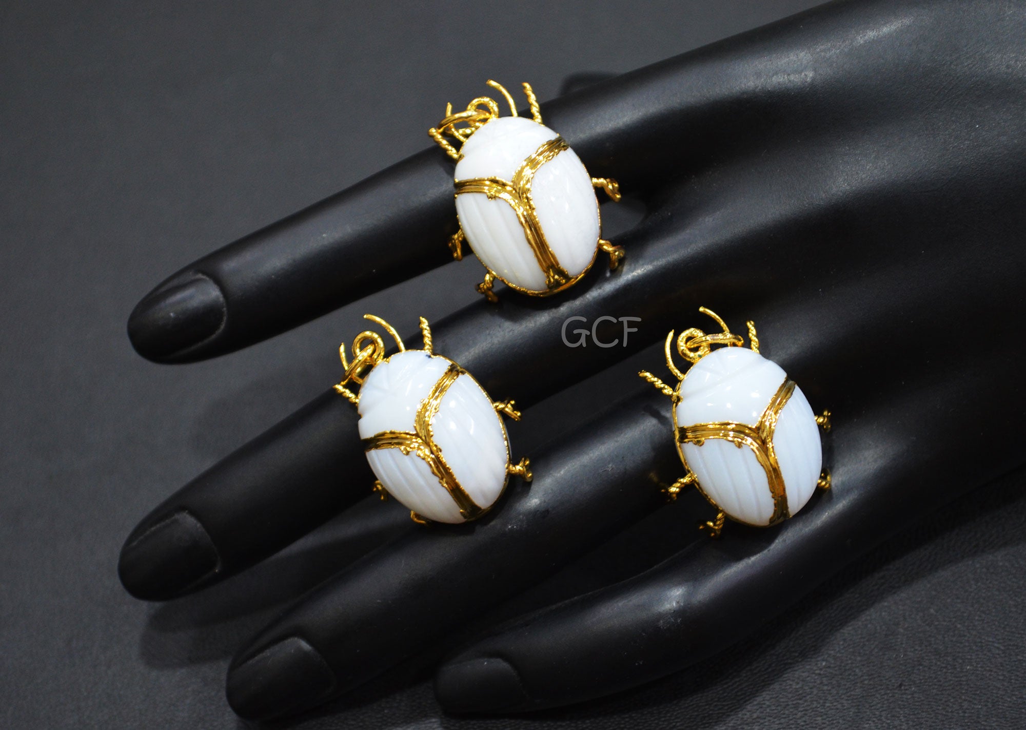 White Agate Electroplated Beetle Pendant , Egyptian Scarab White Agate Charm , Sold By Piece , Use To Make Jewelry , 2.25 - 2.50 cm , 31353