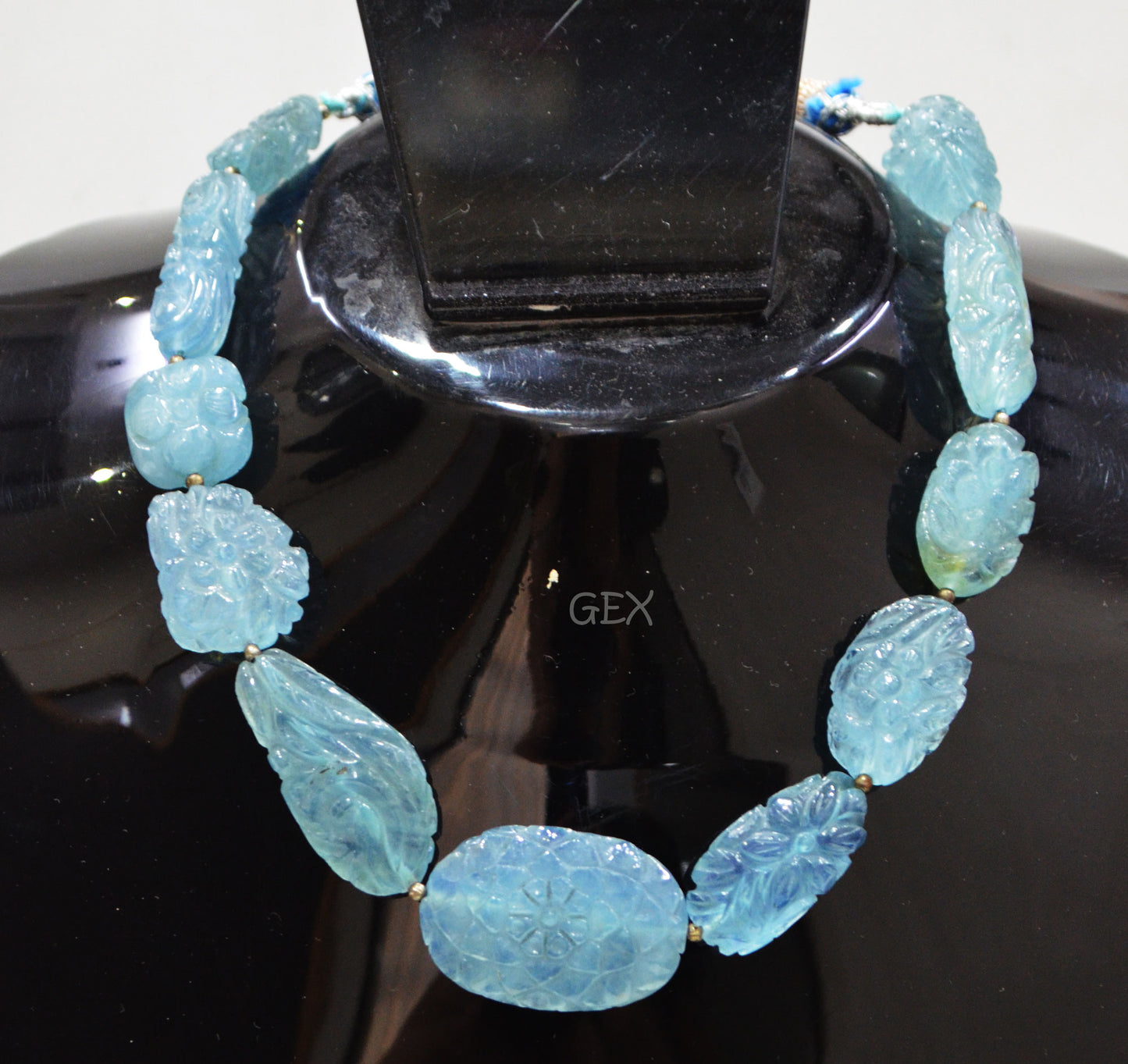 Aquamarine Carved Nuggets Shape Necklace , Aquamarine 1 Line Necklace 11 Inches Long With Adjustable Tussle , 13x19 - 22x32 mm , 31885