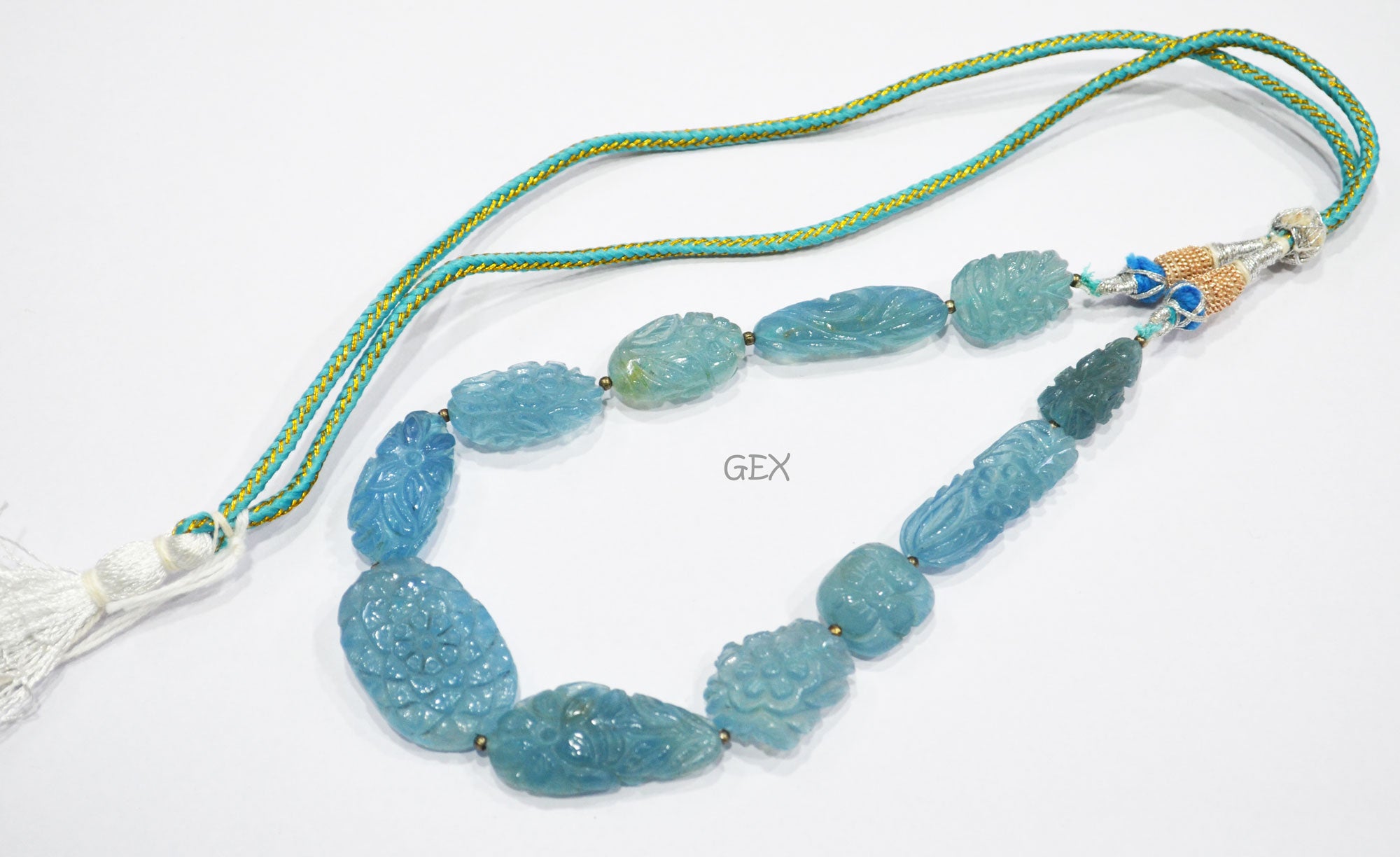 Aquamarine Carved Nuggets Shape Necklace , Aquamarine 1 Line Necklace 11 Inches Long With Adjustable Tussle , 13x19 - 22x32 mm , 31885