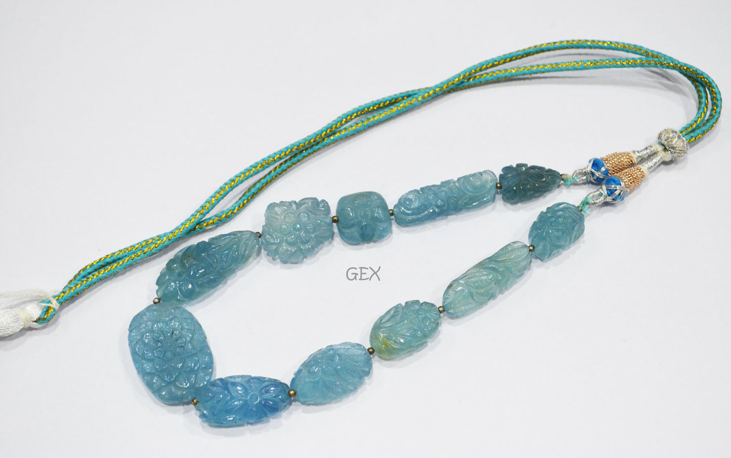 Aquamarine Carved Nuggets Shape Necklace , Aquamarine 1 Line Necklace 11 Inches Long With Adjustable Tussle , 13x19 - 22x32 mm , 31885