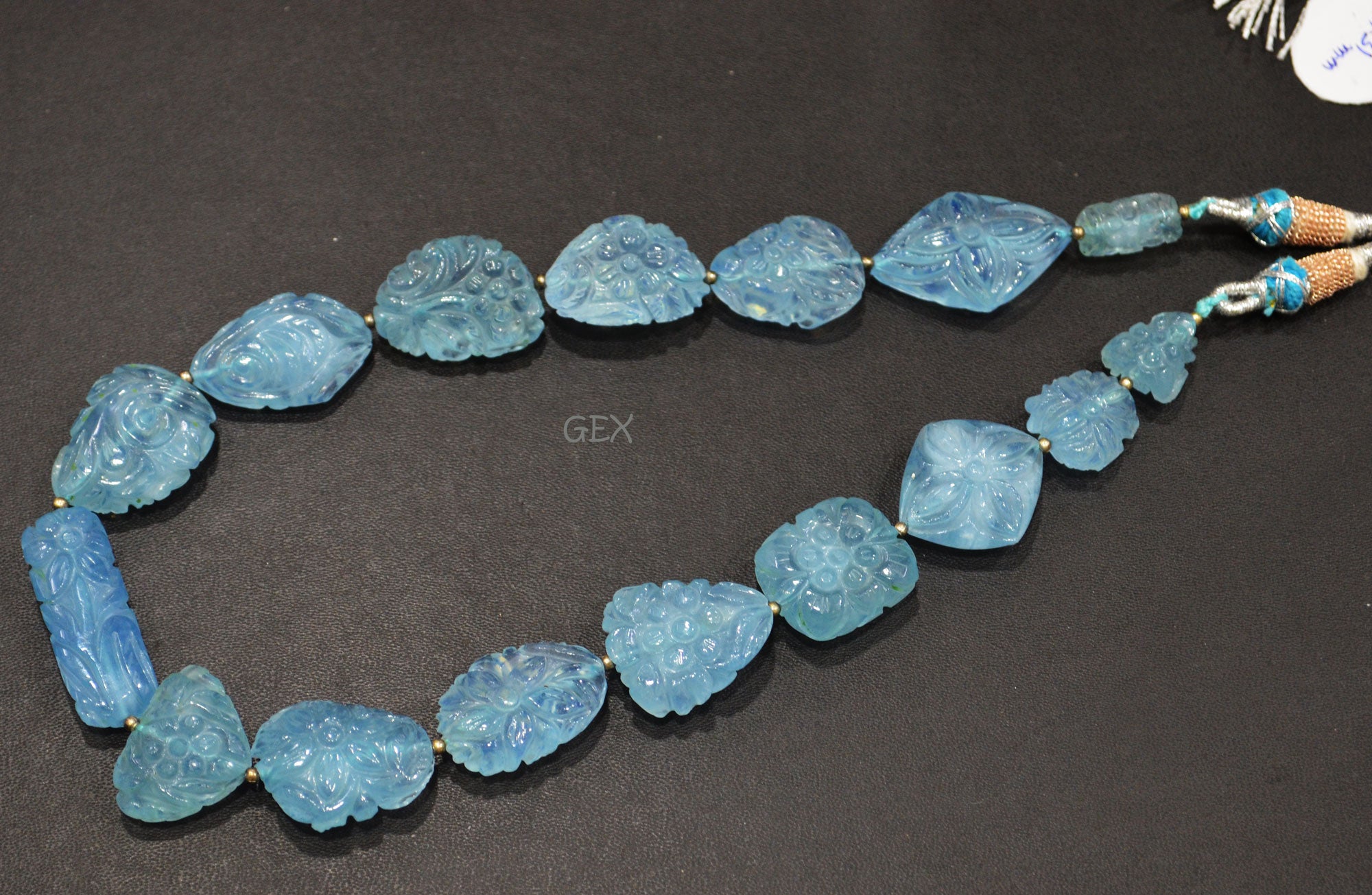 Aquamarine Carved Nuggets Shape Necklace , Aquamarine 1 Line Necklace 15 Inches Long With Adjustable Tussle , 8x16 - 21x31 mm , 31886