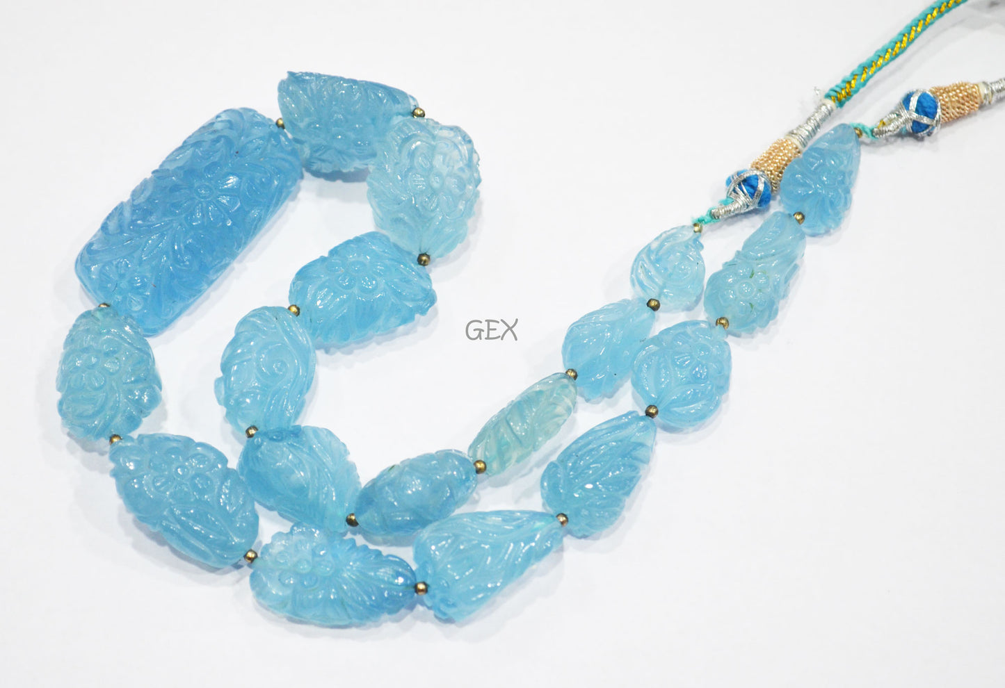 Aquamarine Carved Nuggets Shape Necklace , Aquamarine 1 Line Necklace 17 Inches Long With Adjustable Tussle , 13x18 - 21x46 mm , 31887