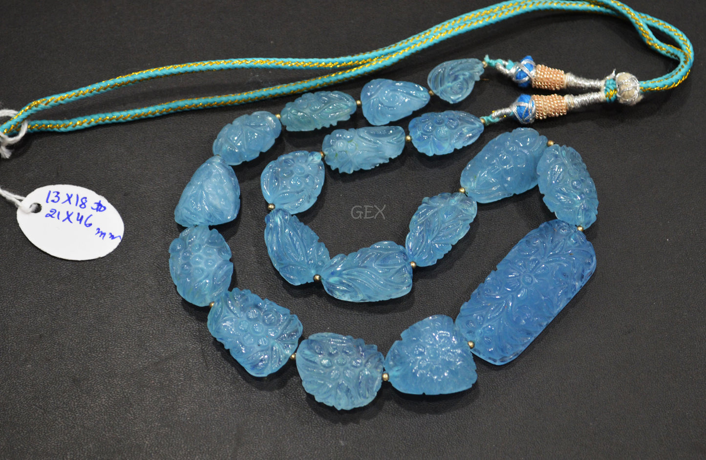 Aquamarine Carved Nuggets Shape Necklace , Aquamarine 1 Line Necklace 17 Inches Long With Adjustable Tussle , 13x18 - 21x46 mm , 31887