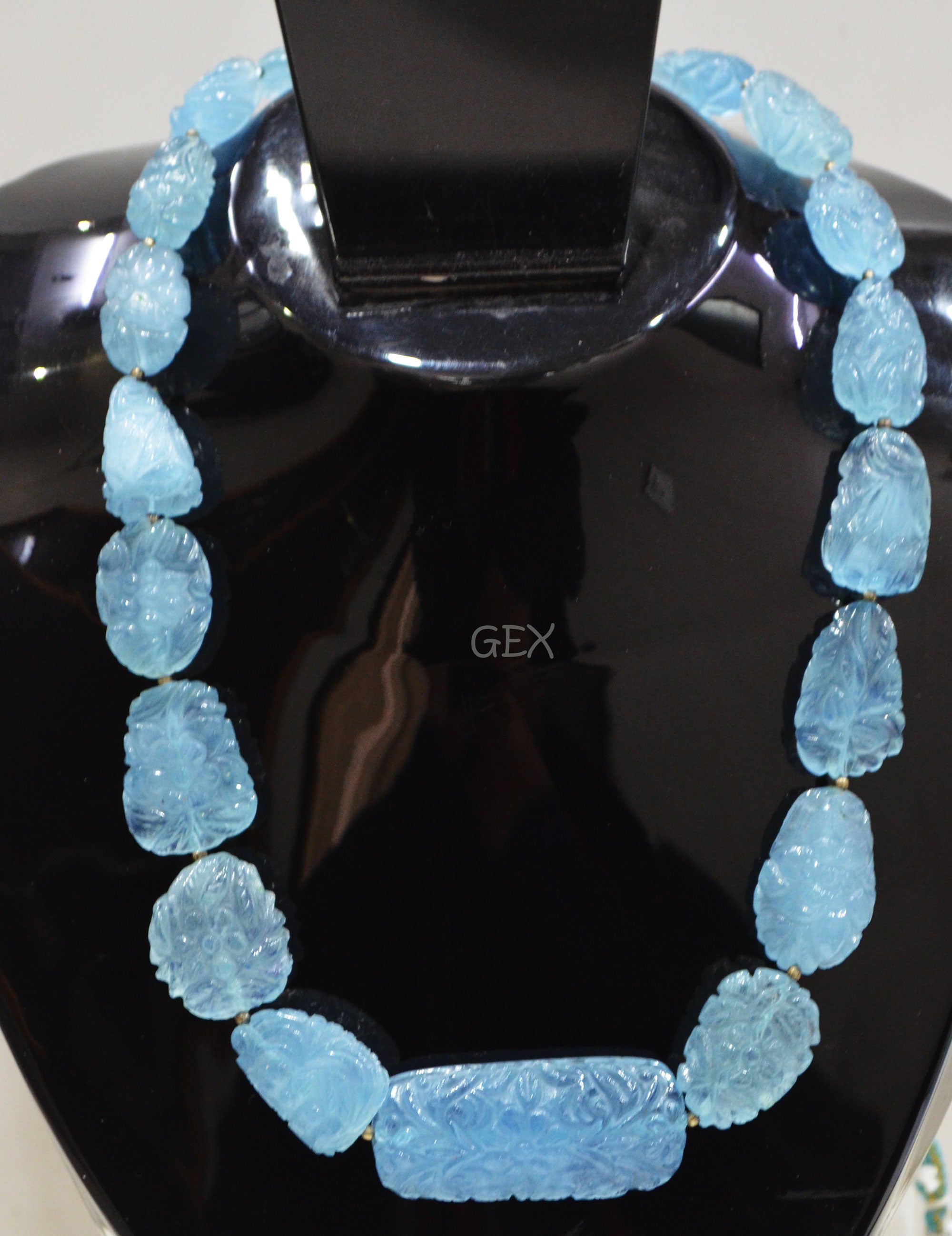 Aquamarine Carved Nuggets Shape Necklace , Aquamarine 1 Line Necklace 17 Inches Long With Adjustable Tussle , 13x18 - 21x46 mm , 31887