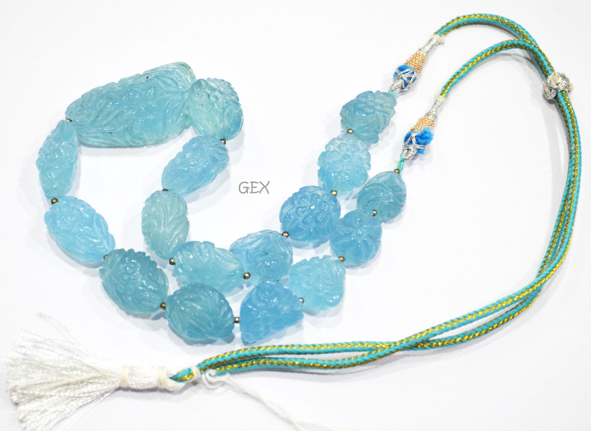 Aquamarine Carved Nuggets Shape Necklace , Aquamarine 1 Line Necklace 15 Inches Long With Adjustable Tussle , 15x18 - 24x46 mm , 31888