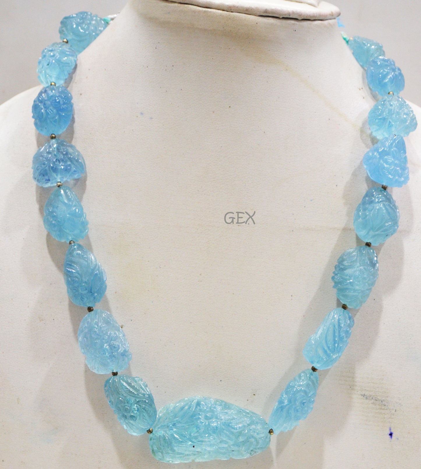 Aquamarine Carved Nuggets Shape Necklace , Aquamarine 1 Line Necklace 15 Inches Long With Adjustable Tussle , 15x18 - 24x46 mm , 31888