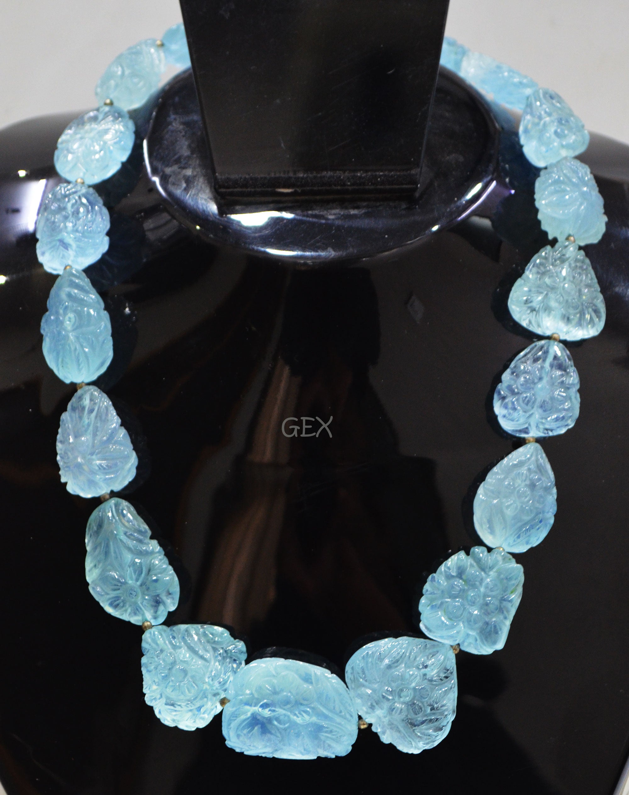 Aquamarine Carved Nuggets Shape Necklace , Aquamarine 1 Line Necklace 16 Inches Long With Adjustable Tussle , 17x19 - 23x28 mm , 31889