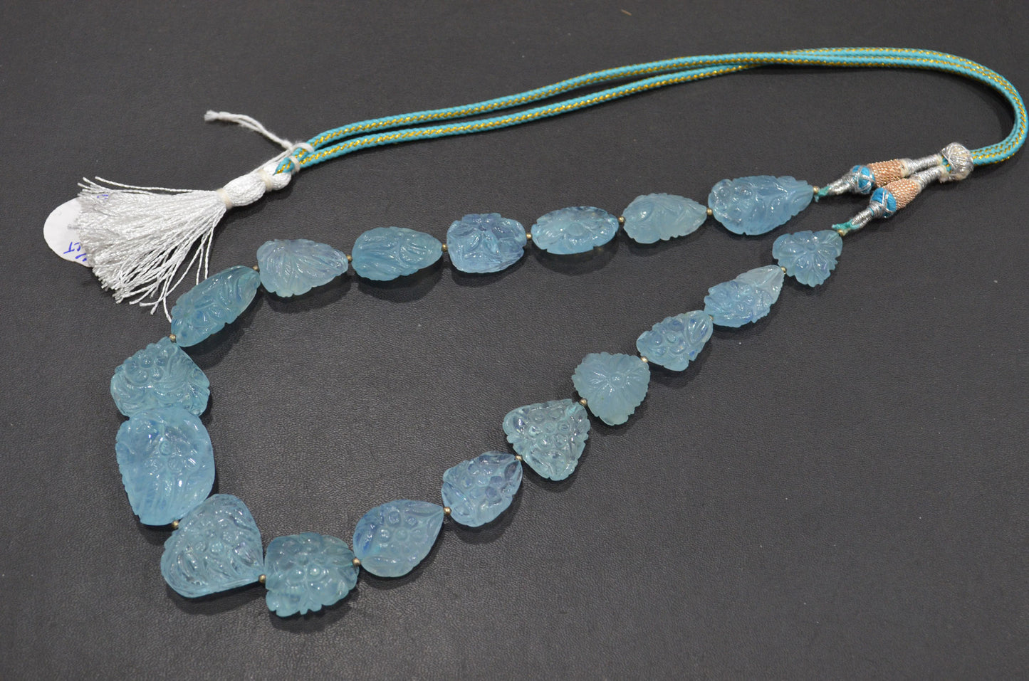 Aquamarine Carved Nuggets Shape Necklace , Aquamarine 1 Line Necklace 16 Inches Long With Adjustable Tussle , 17x19 - 23x28 mm , 31889
