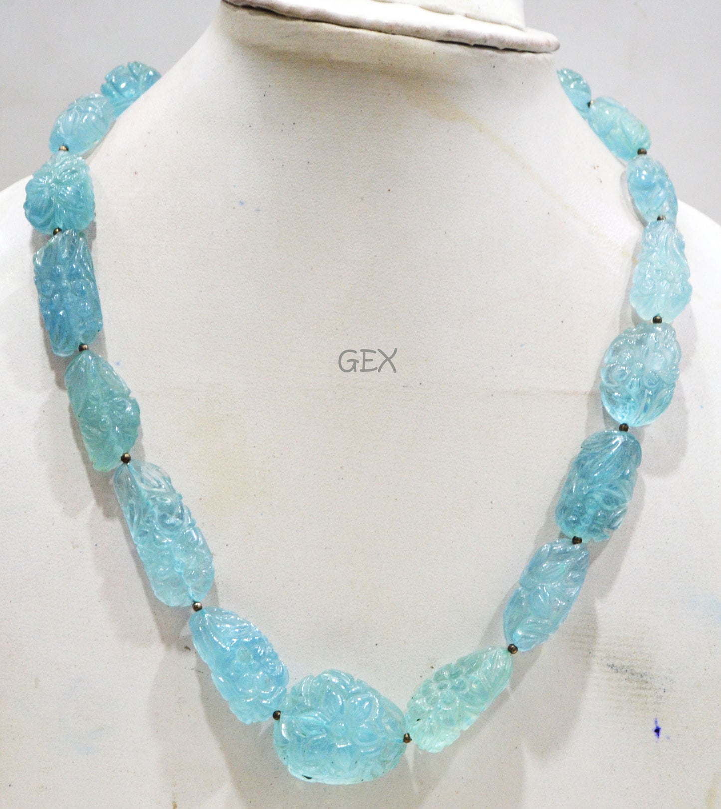 Aquamarine Carved Nuggets Shape Necklace , Aquamarine 1 Line Necklace 17 Inches Long With Adjustable Tussle , 13x17 - 25x30 mm , 31890