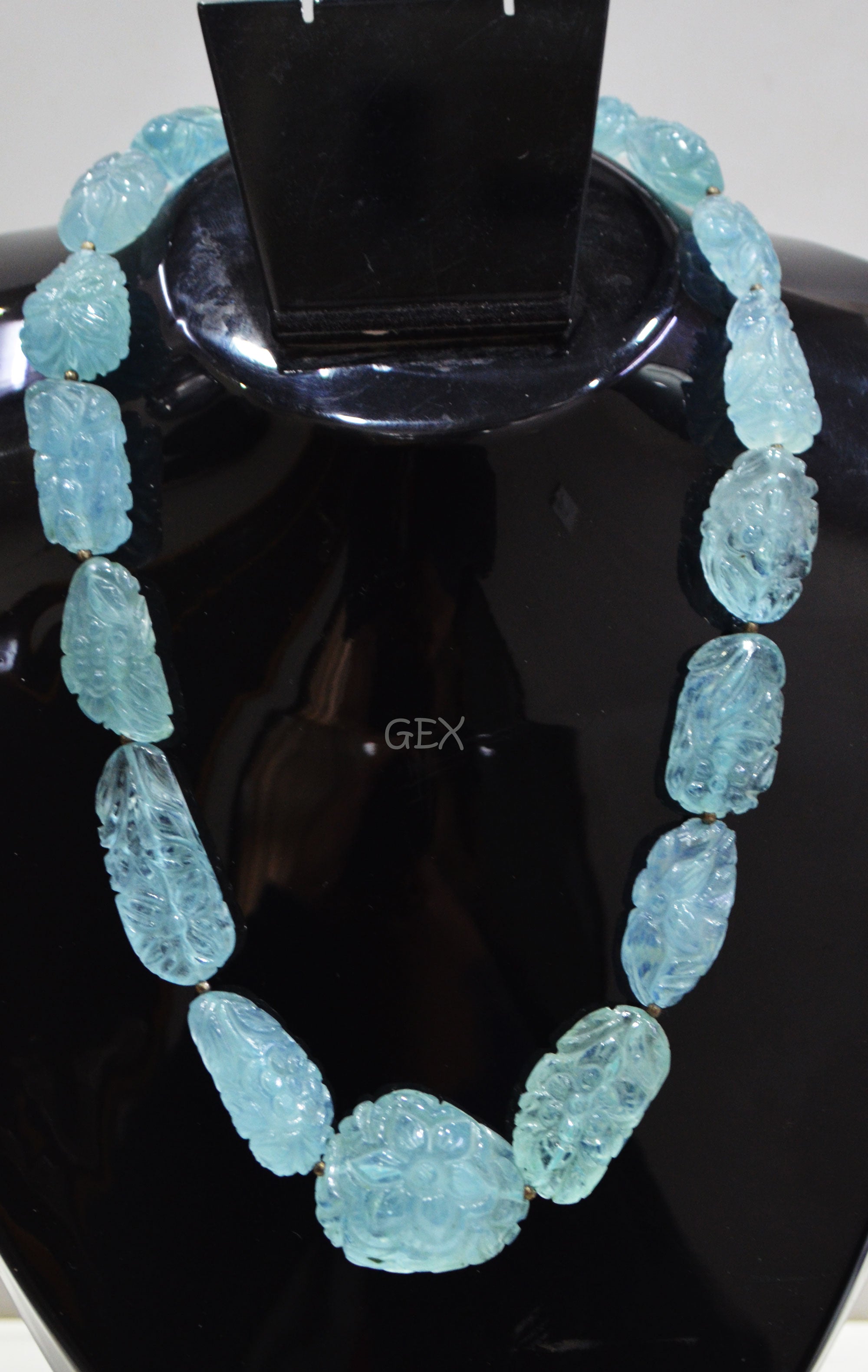 Aquamarine Carved Nuggets Shape Necklace , Aquamarine 1 Line Necklace 17 Inches Long With Adjustable Tussle , 13x17 - 25x30 mm , 31890
