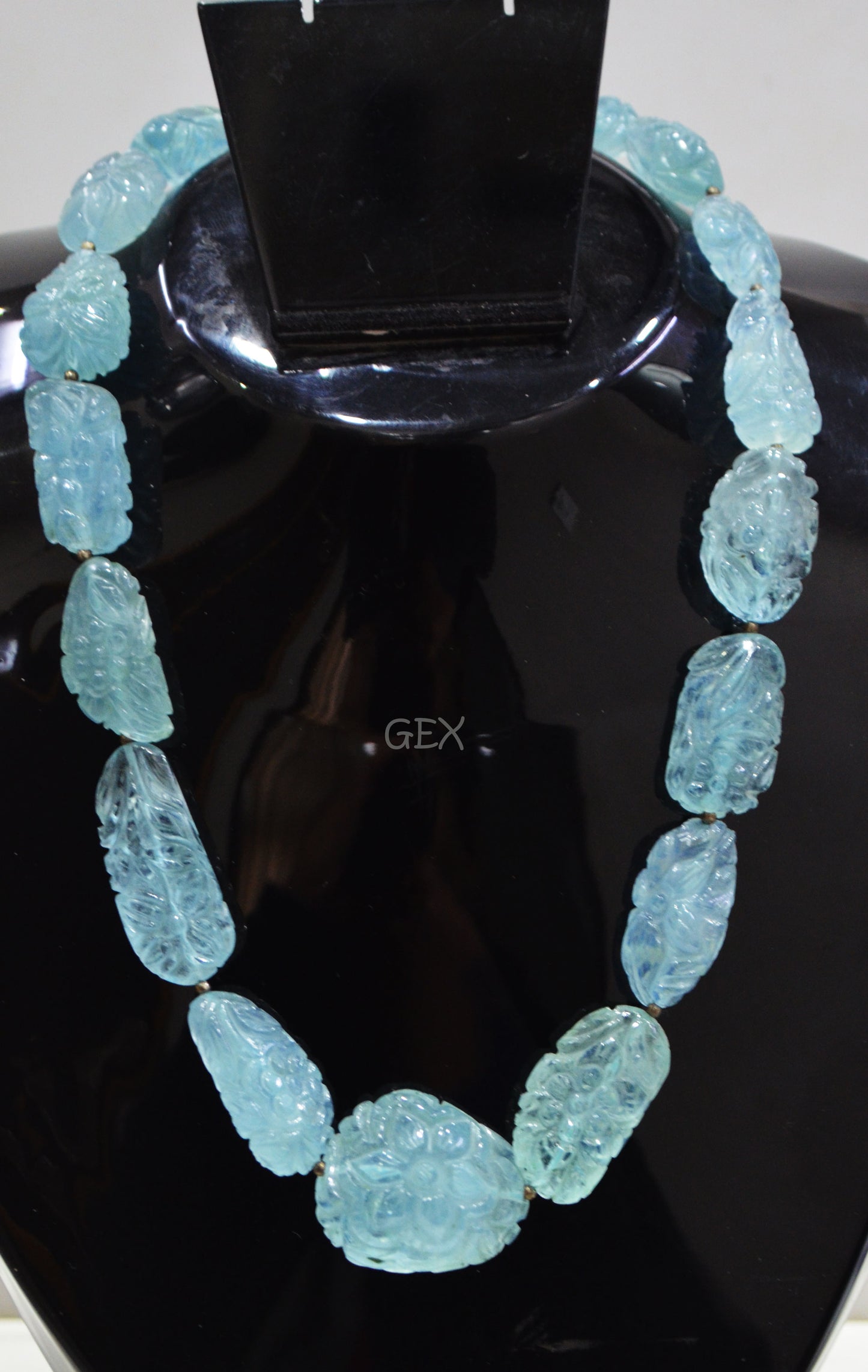 Aquamarine Carved Nuggets Shape Necklace , Aquamarine 1 Line Necklace 17 Inches Long With Adjustable Tussle , 13x17 - 25x30 mm , 31890