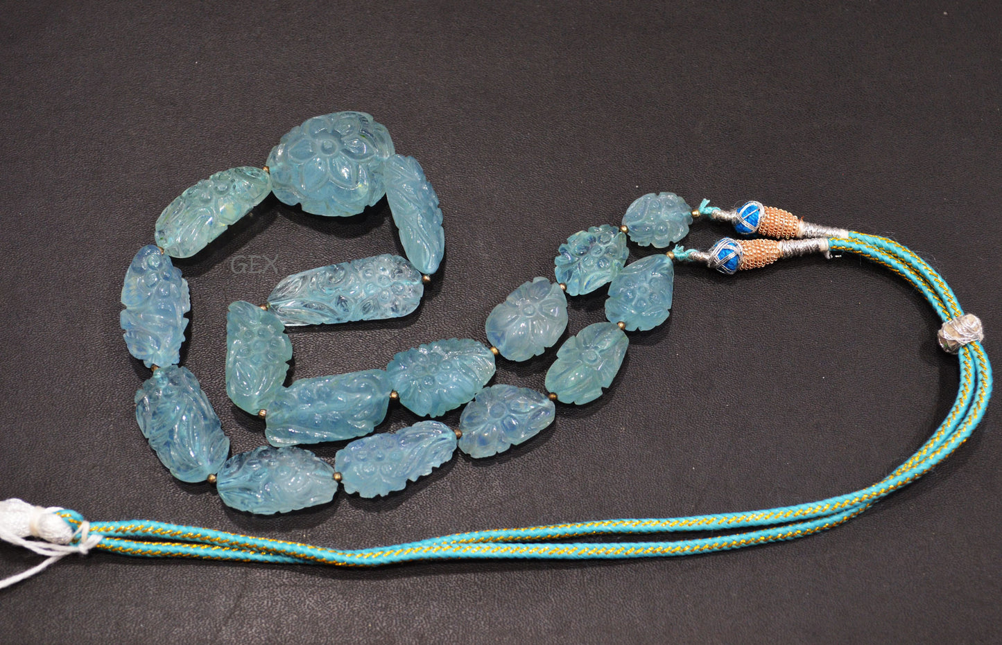 Aquamarine Carved Nuggets Shape Necklace , Aquamarine 1 Line Necklace 17 Inches Long With Adjustable Tussle , 13x17 - 25x30 mm , 31890