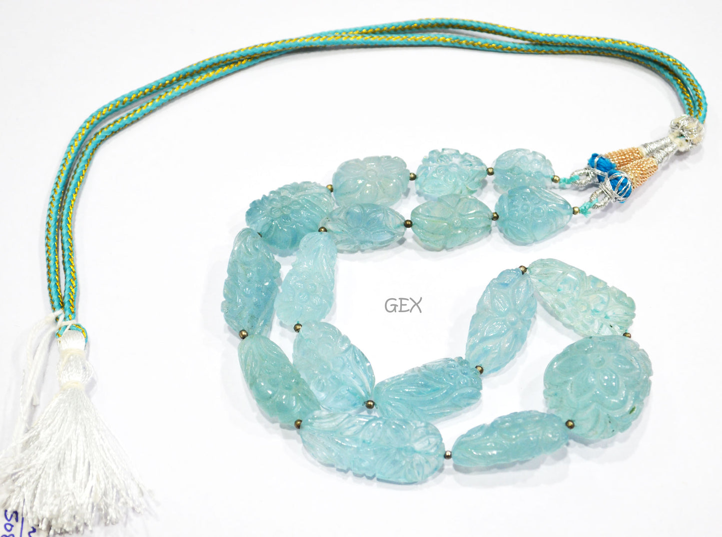 Aquamarine Carved Nuggets Shape Necklace , Aquamarine 1 Line Necklace 17 Inches Long With Adjustable Tussle , 13x17 - 25x30 mm , 31890
