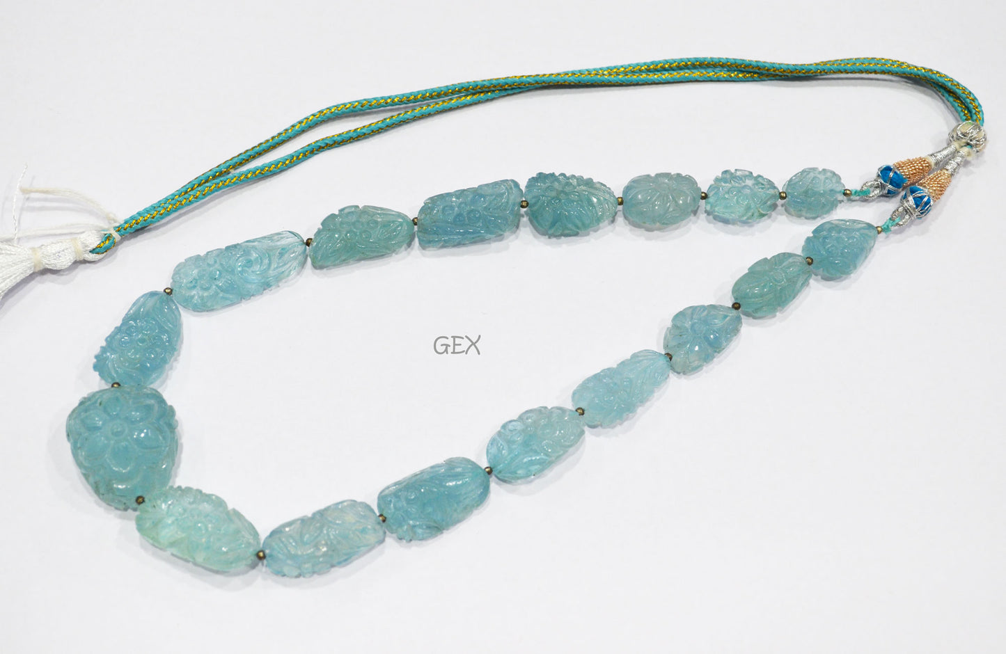 Aquamarine Carved Nuggets Shape Necklace , Aquamarine 1 Line Necklace 17 Inches Long With Adjustable Tussle , 13x17 - 25x30 mm , 31890