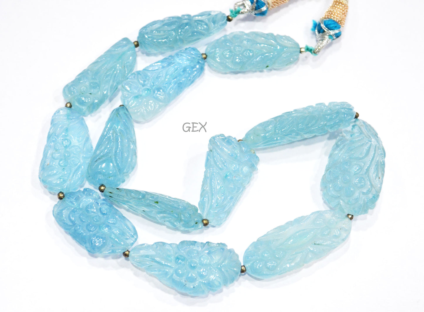 Aquamarine Carved Nuggets Shape Necklace , Aquamarine 1 Line Necklace 15.5 Inches Long With Adjustable Tussle , 16x26 - 20x41 mm , 31891