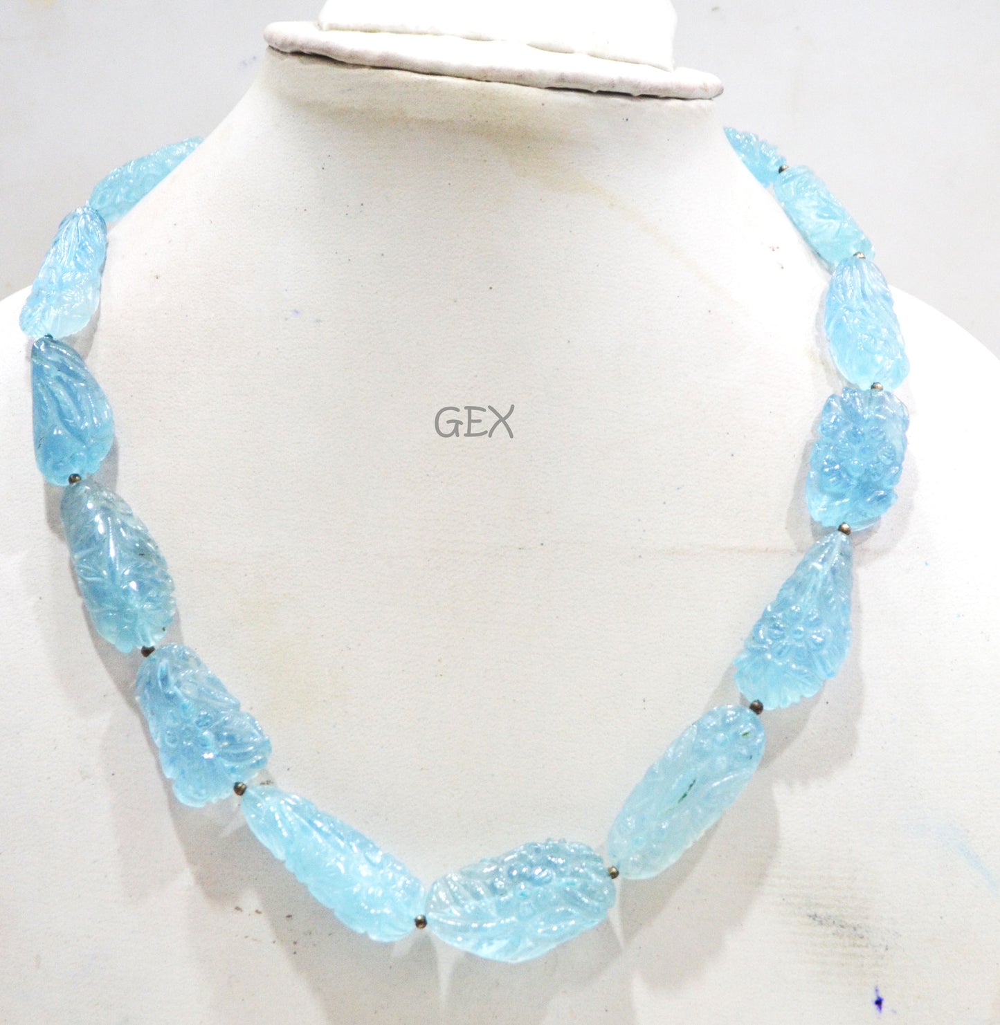Aquamarine Carved Nuggets Shape Necklace , Aquamarine 1 Line Necklace 15.5 Inches Long With Adjustable Tussle , 16x26 - 20x41 mm , 31891