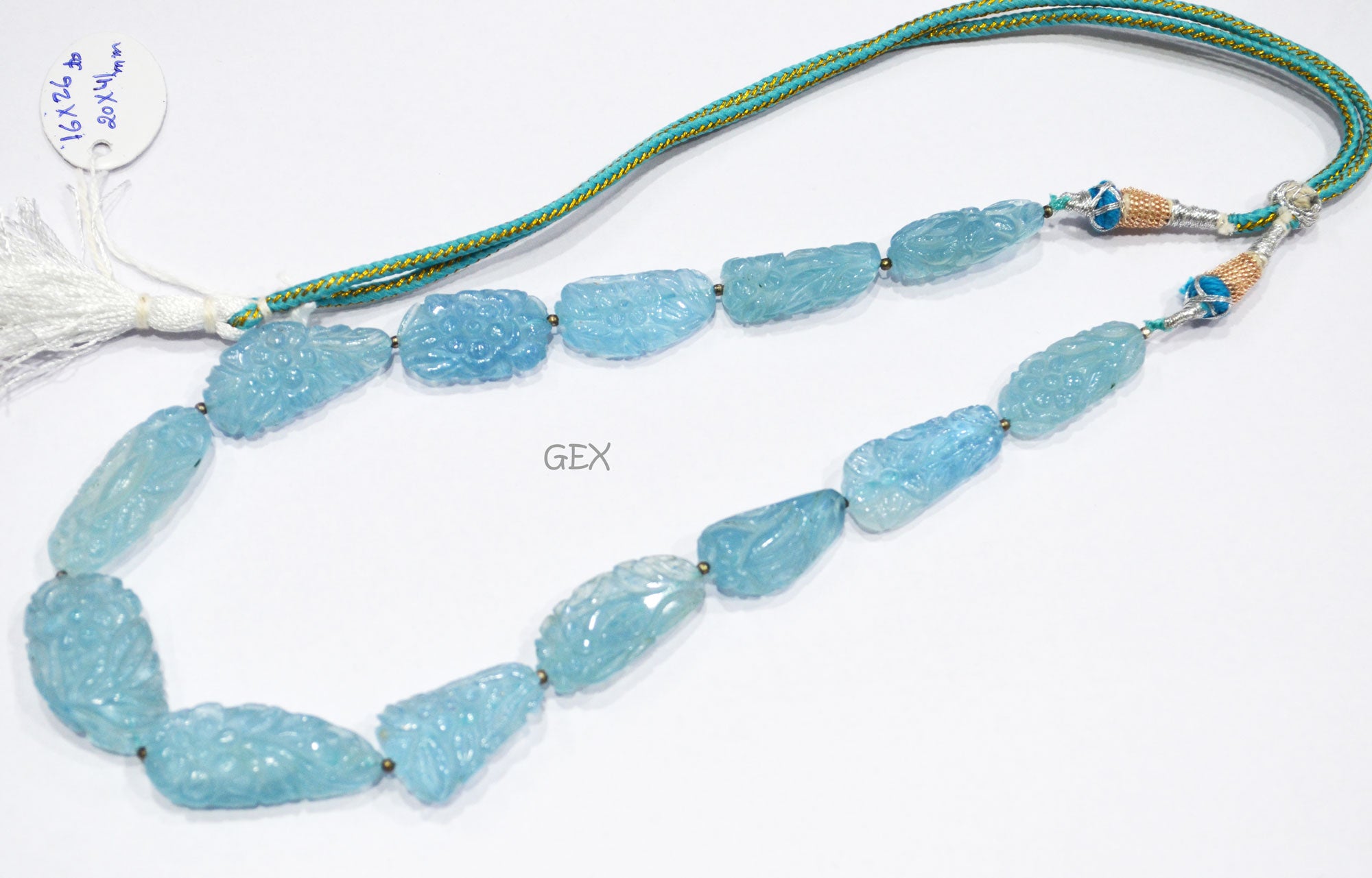 Aquamarine Carved Nuggets Shape Necklace , Aquamarine 1 Line Necklace 15.5 Inches Long With Adjustable Tussle , 16x26 - 20x41 mm , 31891