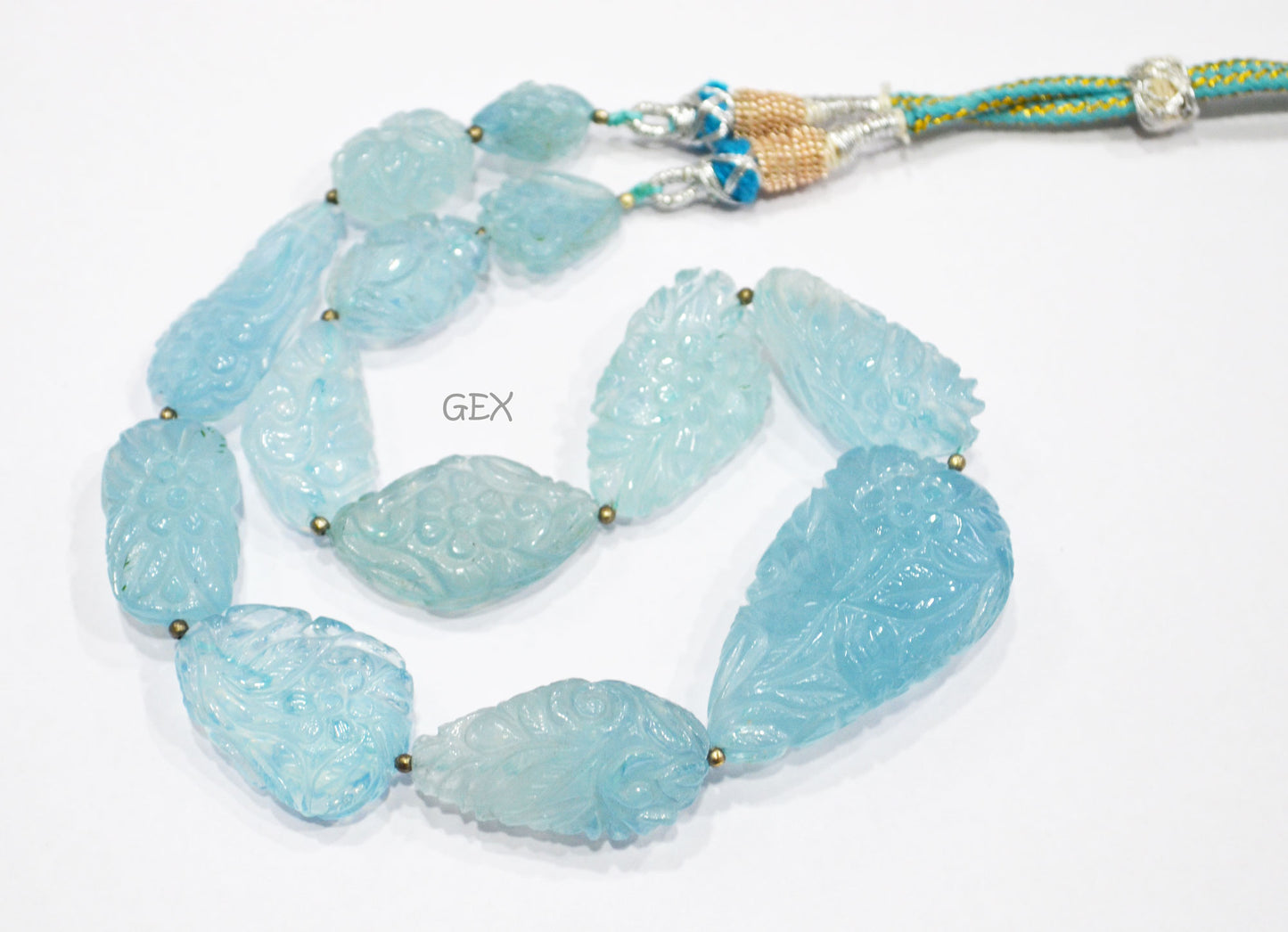 Aquamarine Carved Nuggets Shape Necklace , Aquamarine 1 Line Necklace 14.5 Inches Long With Adjustable Tussle , 13x17 - 26x46 mm , 31892