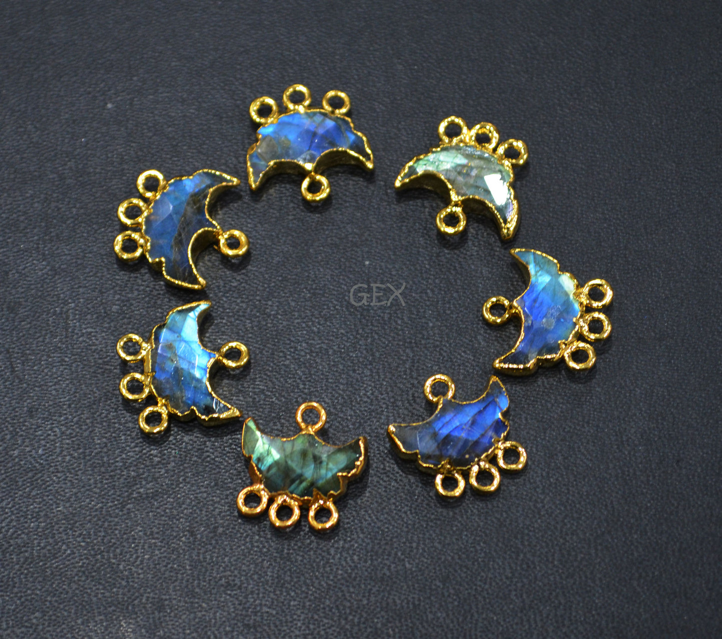 Flashy Labradorite Electroplated Half Moon Shape Connector , Labradorite Four Bail Faceted Connector Charm , Sold By Piece , 15 - 16 mm , 31904