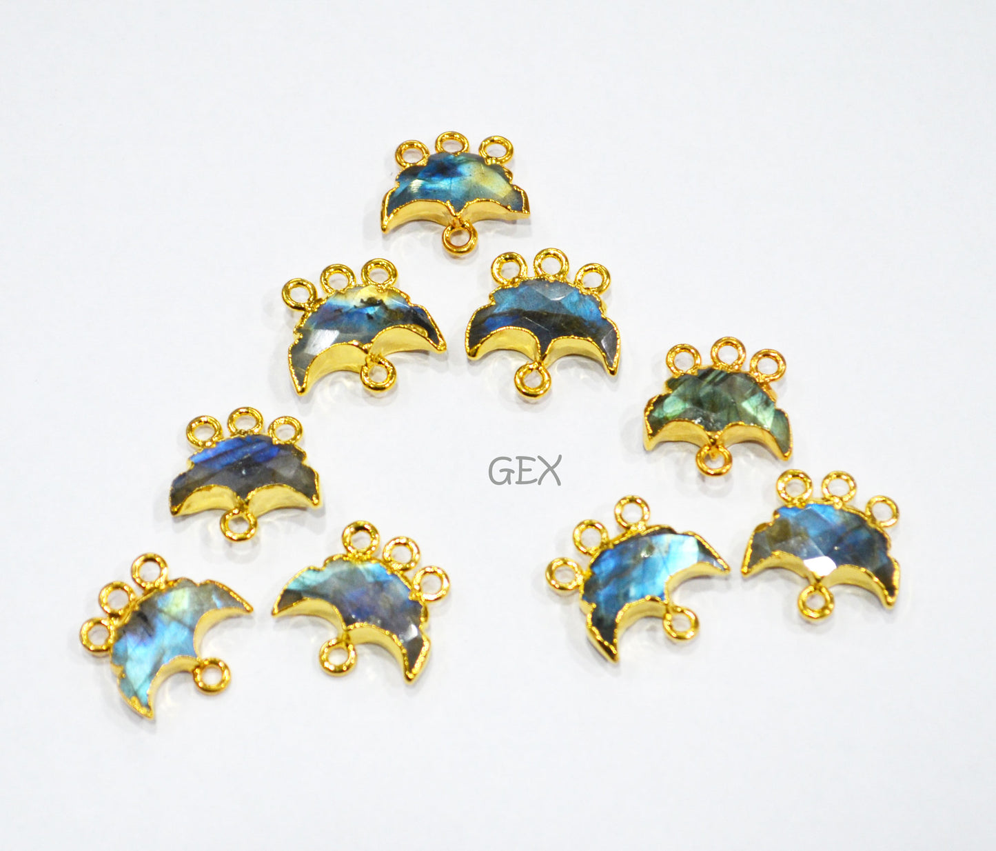 Flashy Labradorite Electroplated Half Moon Shape Connector , Labradorite Four Bail Faceted Connector Charm , Sold By Piece , 15 - 16 mm , 31904