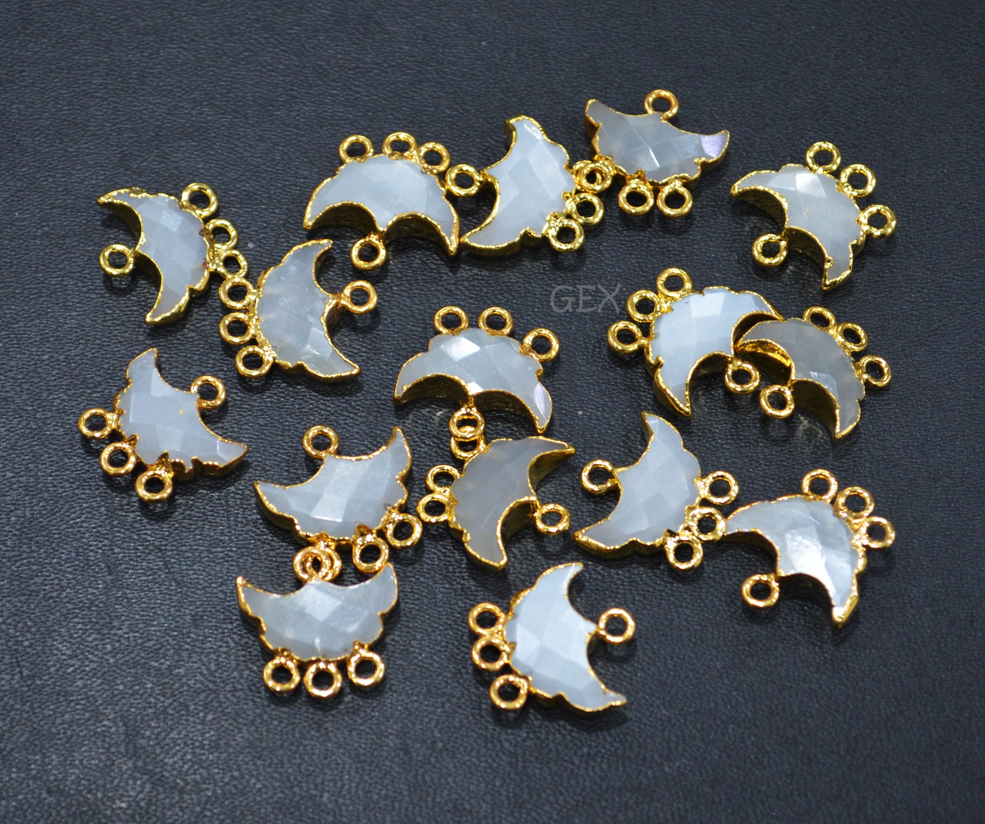 Ceylon Moonstone Electroplated Half Moon Shape Connector , Ceylon Moonstone Four Bail Faceted Connector Charm  , Sold By Piece , 15 - 16 mm , 31907