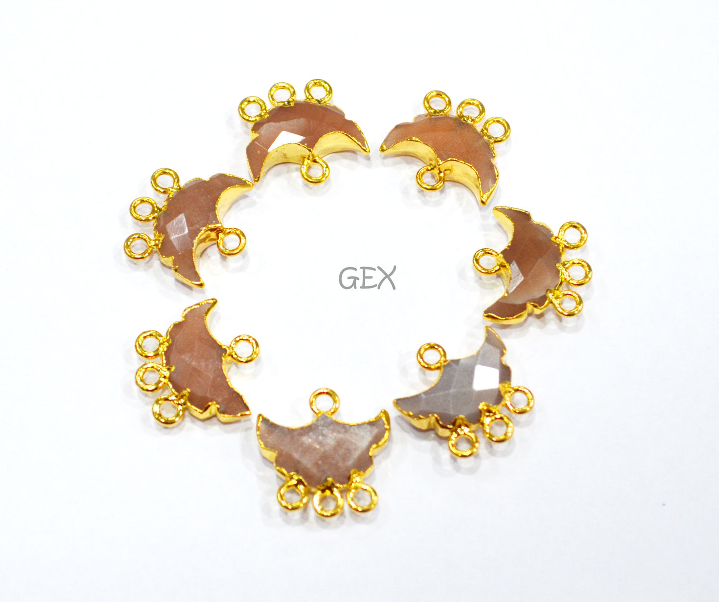 Peach Moonstone Electroplated Half Moon Shape Connector , Peach Moonstone Four Bail Faceted Connector Charm , Sold By Piece , 15 - 16 mm , 31911