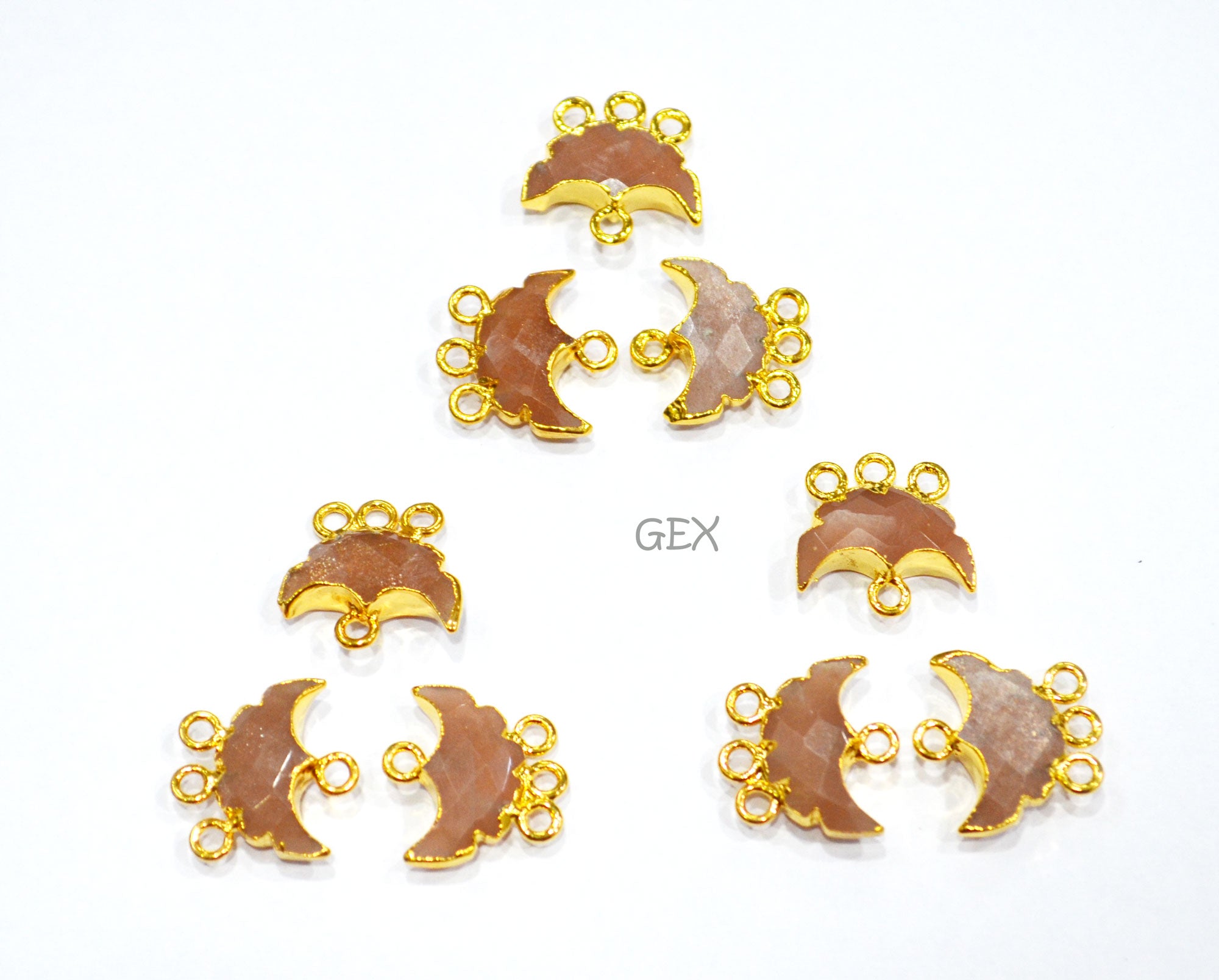 Peach Moonstone Electroplated Half Moon Shape Connector , Peach Moonstone Four Bail Faceted Connector Charm  , Sold By Piece , 15 - 16 mm , 31911