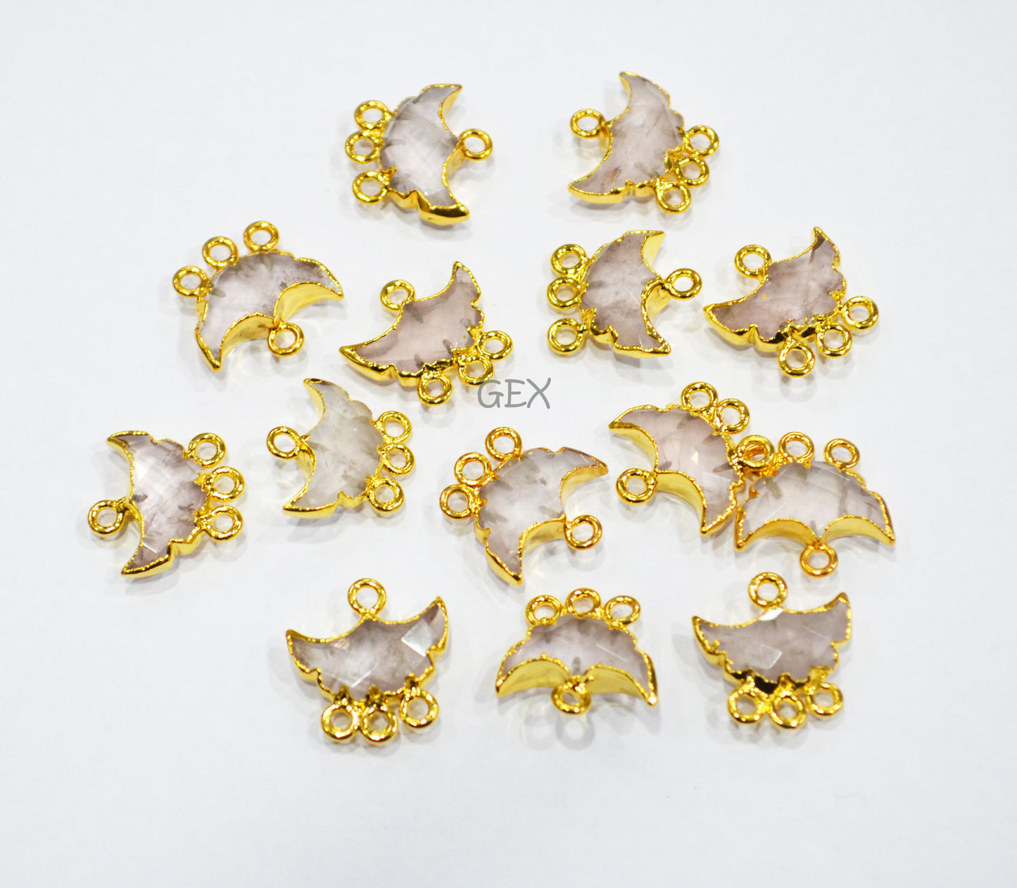 Rose Quartz Electroplated Half Moon Shape Connector , Rose Quartz Four Bail Faceted Connector Charm , Sold By Piece , 15 - 16 mm , 31914