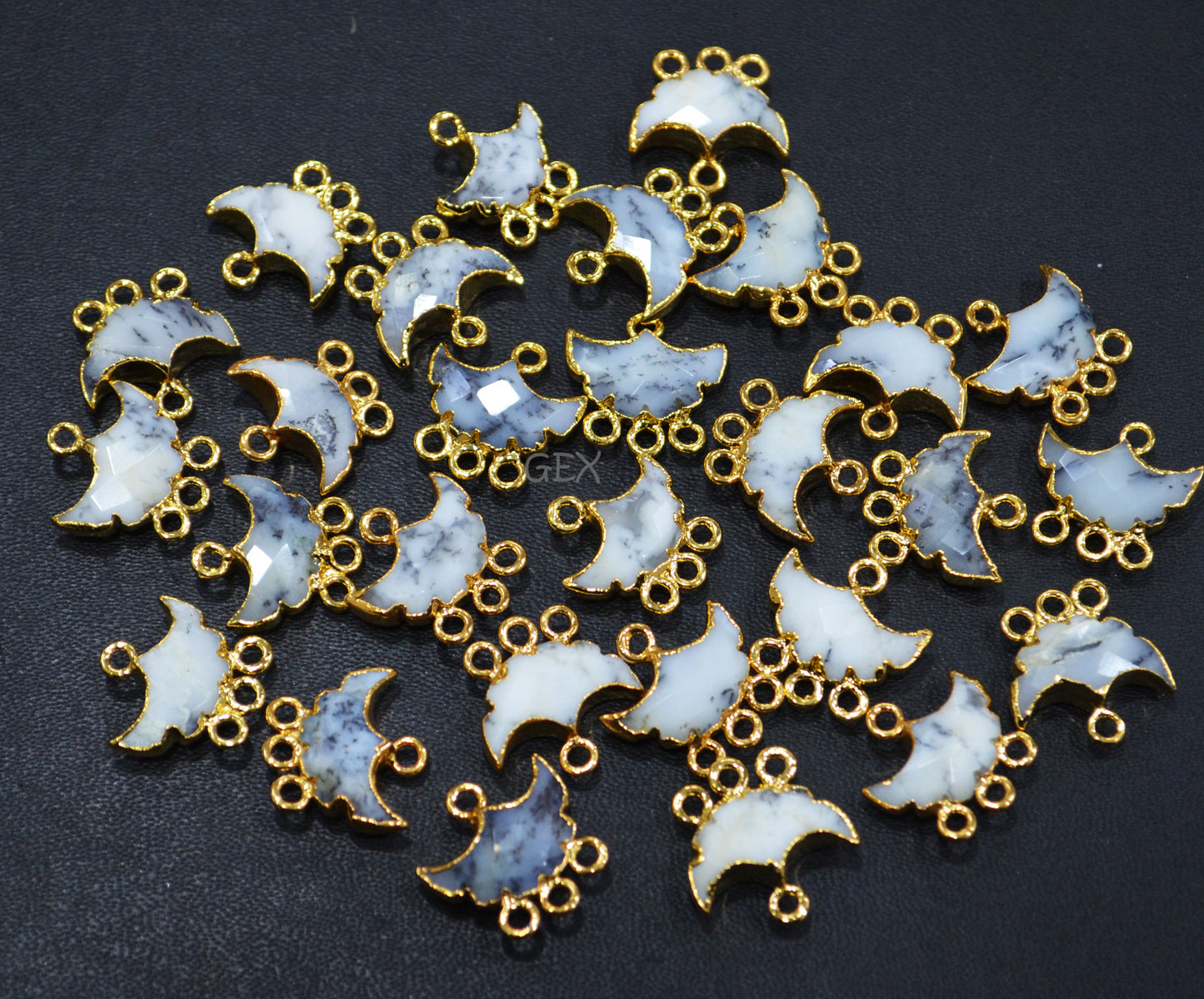 Dendrite Opal Electroplated Half Moon Shape Connector , Dendrite Opal Four Bail Faceted Connector Charm , Sold By Piece , 15 - 16 mm , 31918