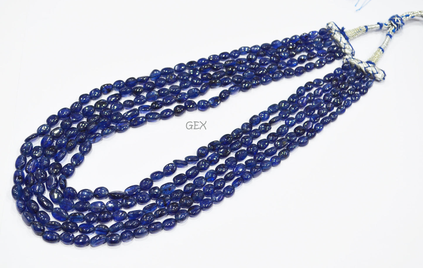 Sapphire Glass Filled Smooth Oval Nuggets Shape Necklace , Sapphire Glass Filled 5 Line Necklace 16 - 19 Inches Long With Adjustable Tussle , 6x7 - 6.50x10 mm , 32008