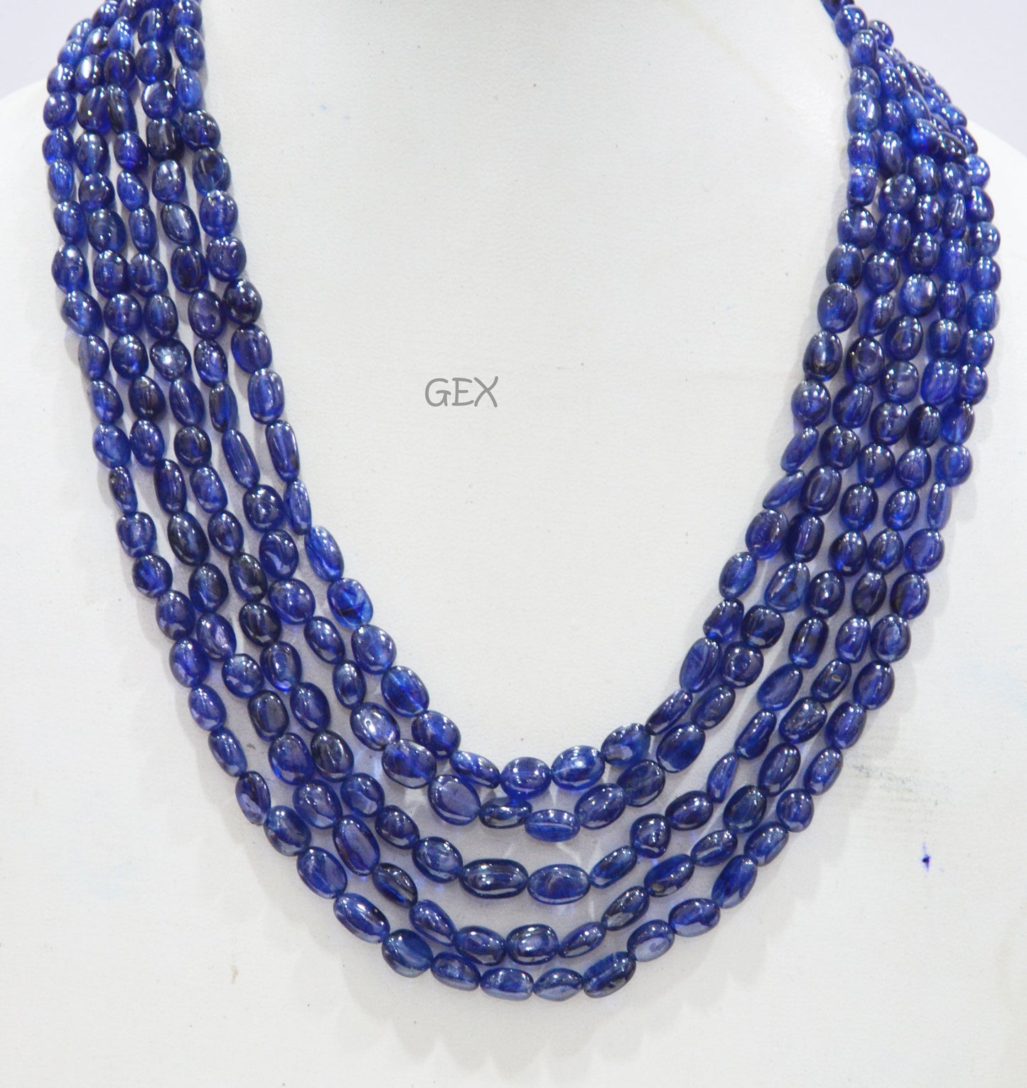 Sapphire Glass Filled Smooth Oval Nuggets Shape Necklace , Sapphire Glass Filled 5 Line Necklace 16 - 19 Inches Long With Adjustable Tussle , 6x7 - 6.50x10 mm , 32008