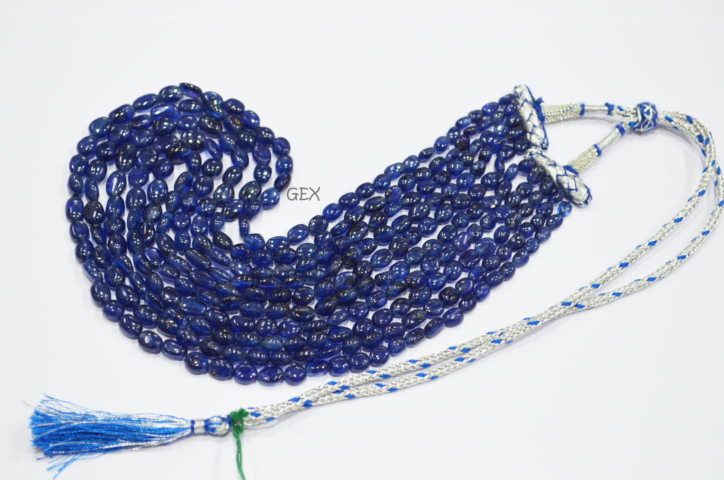Sapphire Glass Filled Smooth Oval Nuggets Shape Necklace , Sapphire Glass Filled 5 Line Necklace 16 - 19 Inches Long With Adjustable Tussle , 6x7 - 6.50x10 mm , 32008