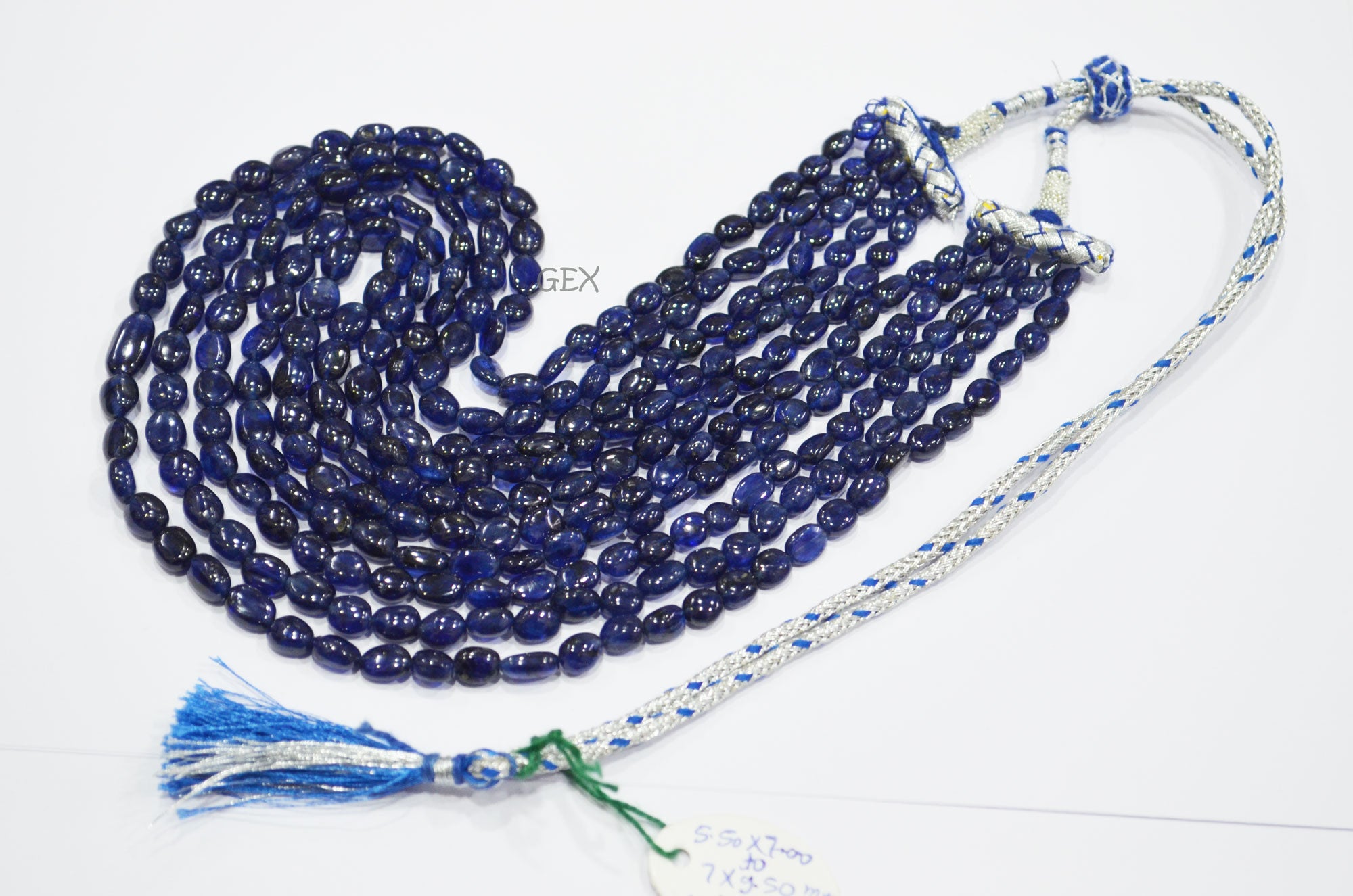 Sapphire Glass Filled Smooth Oval Nuggets Shape Necklace , Sapphire Glass Filled 5 Line Necklace 15 - 19 Inches Long With Adjustable Tussle , 5.50x7 - 7x9.50 mm , 32009